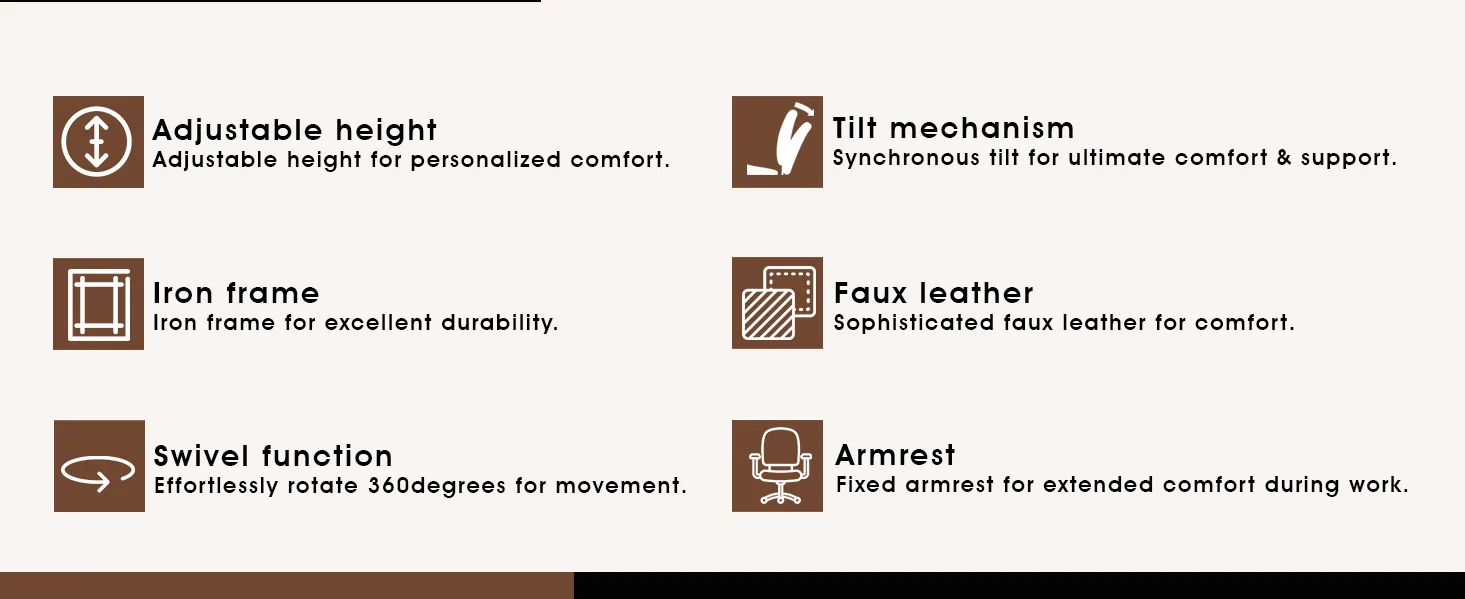 Aleen Office Chair in Upholstered Leather and Iron Frame with Swivel and Tilt in Dark Brown