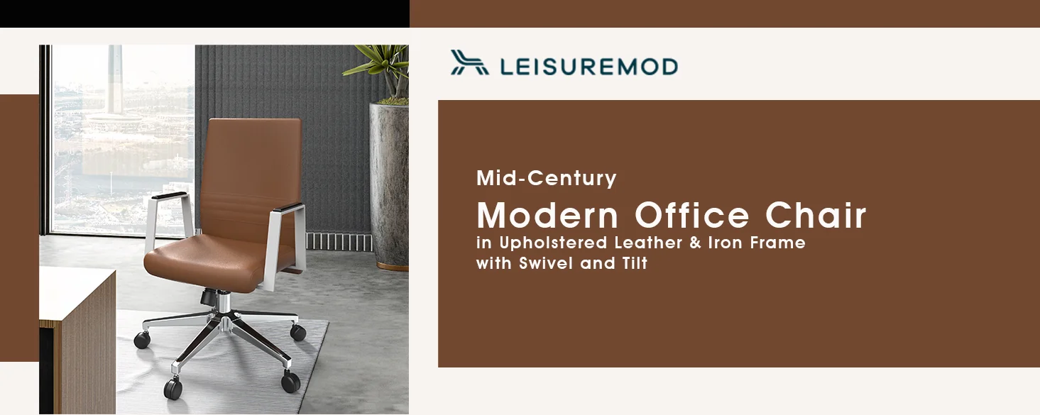 Aleen Office Chair in Upholstered Leather and Iron Frame with Swivel and Tilt in Dark Brown