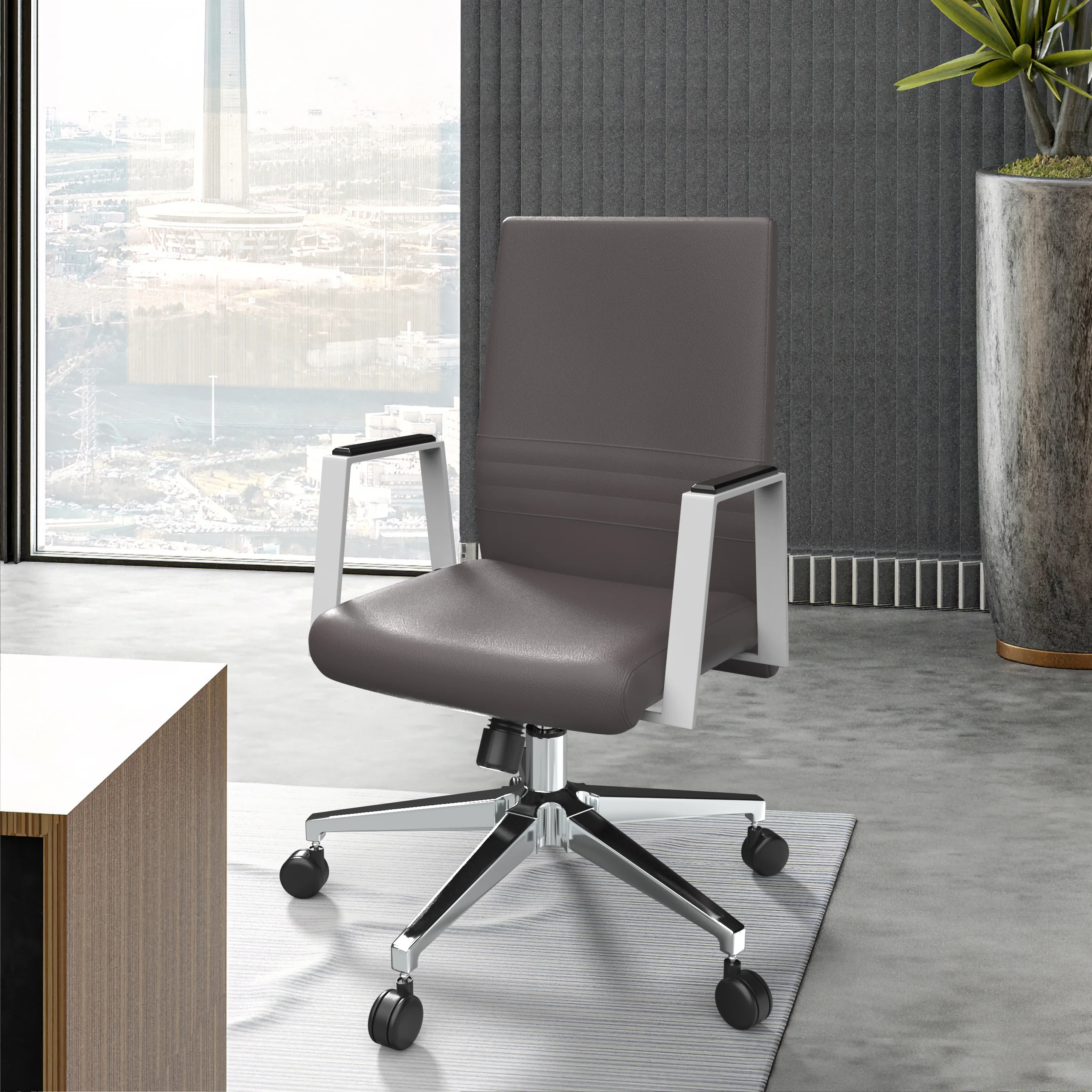 Aleen Office Chair in Upholstered Leather and Iron Frame with Swivel and Tilt in Grey