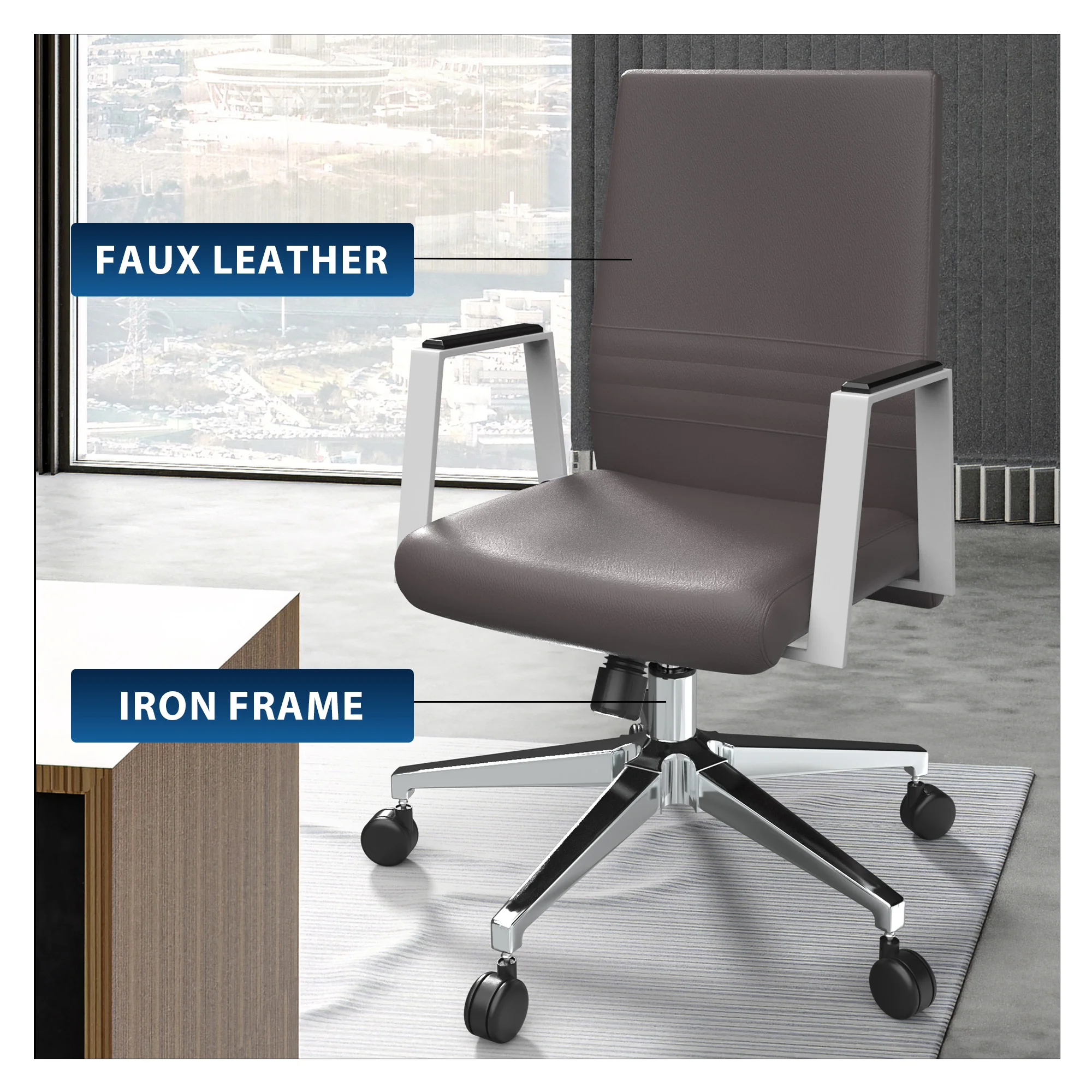 Aleen Office Chair in Upholstered Leather and Iron Frame with Swivel and Tilt in Grey
