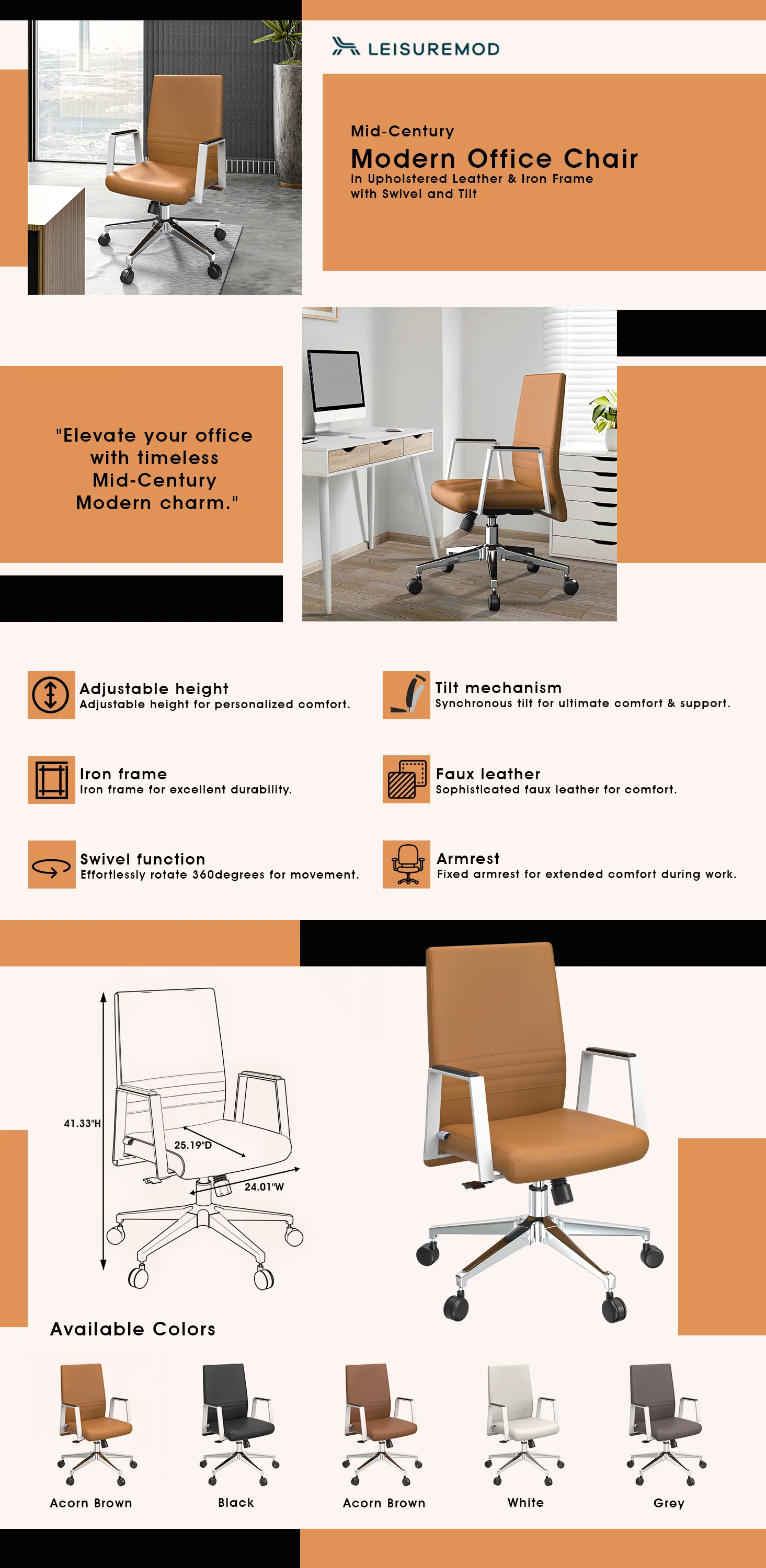 Aleen Office Chair in Upholstered Leather and Iron Frame with Swivel and Tilt in Acorn Brown