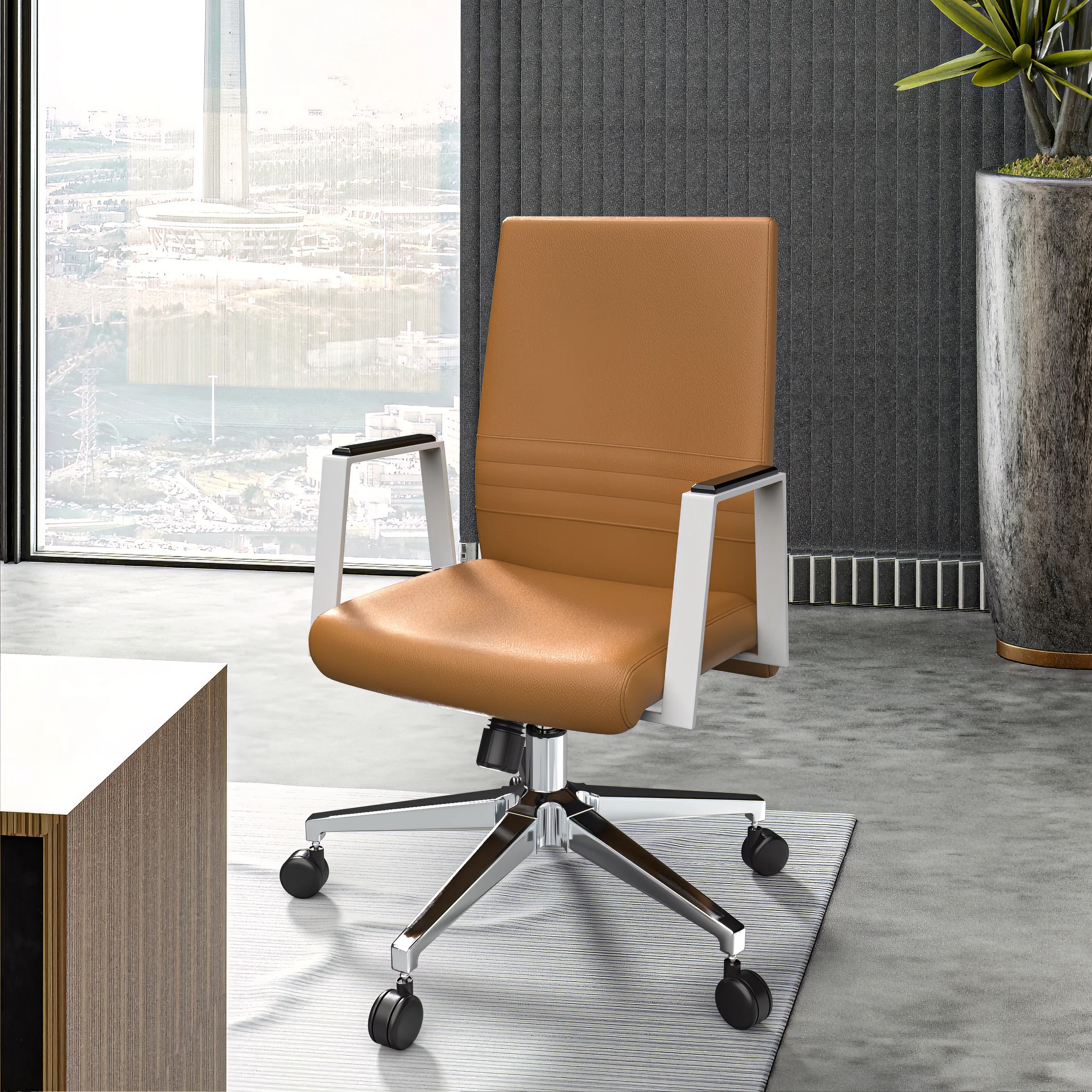Aleen Office Chair in Upholstered Leather and Iron Frame with Swivel and Tilt in Acorn Brown