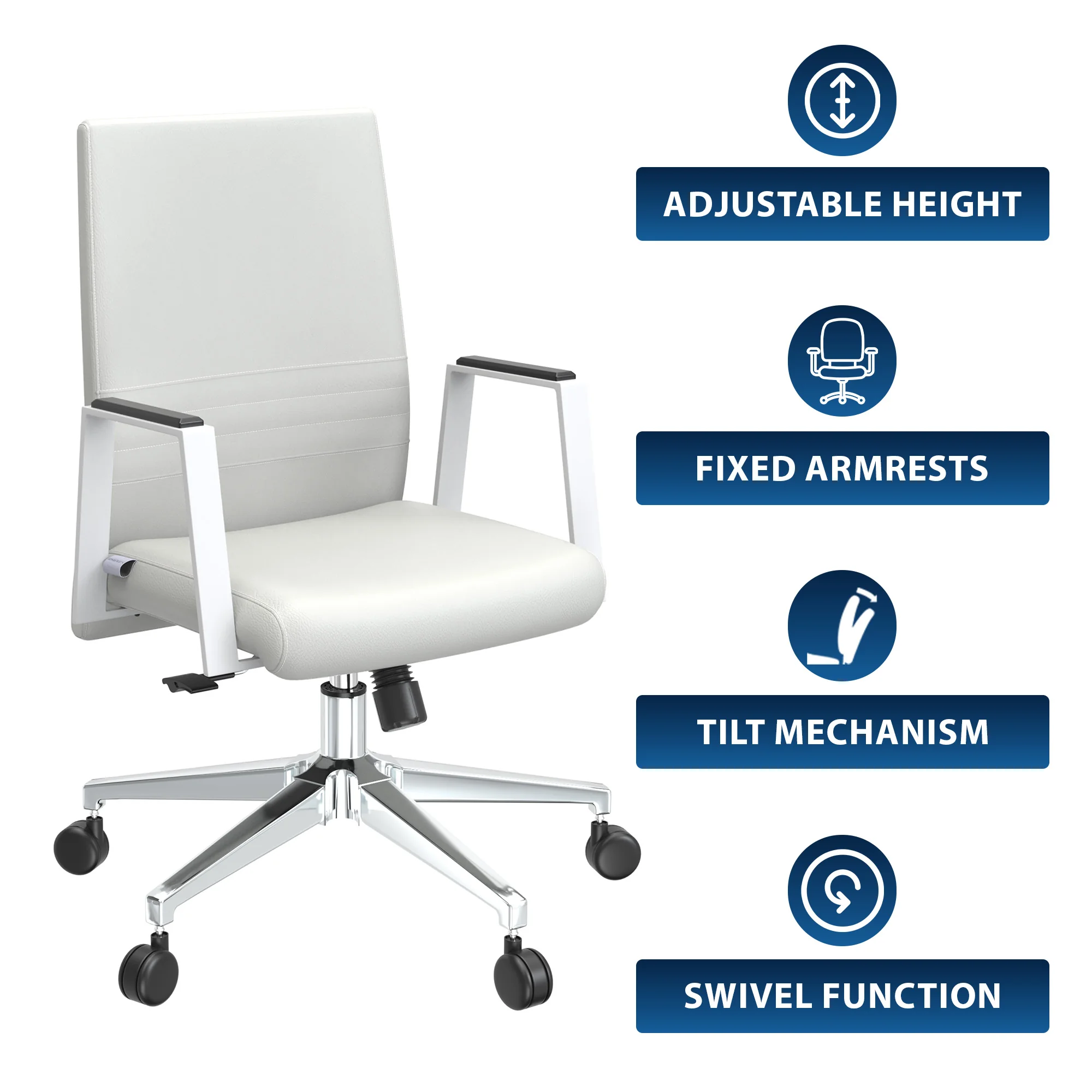 Aleen Office Chair in Upholstered Leather and Iron Frame with Swivel and Tilt in White