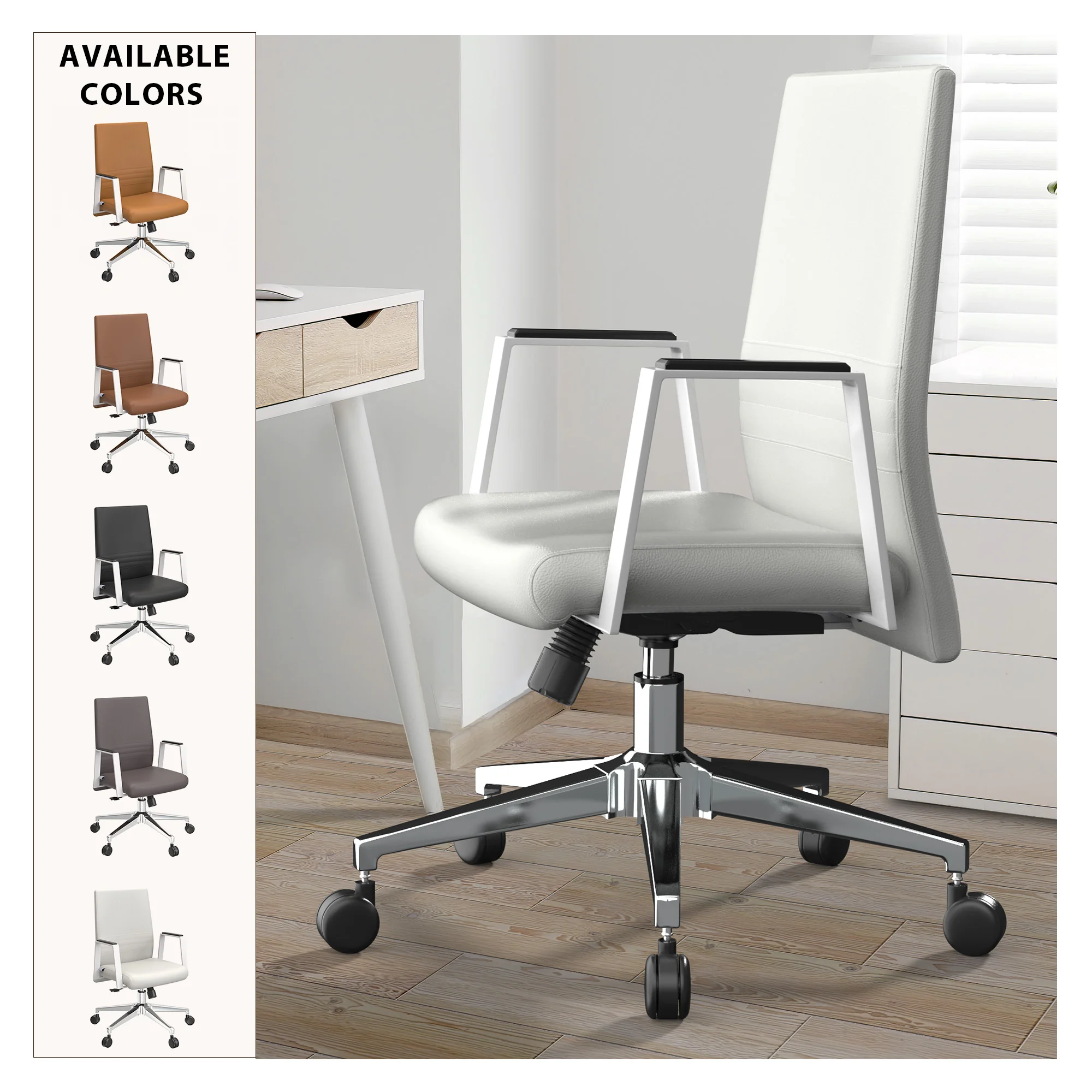 Aleen Office Chair in Upholstered Leather and Iron Frame with Swivel and Tilt in White
