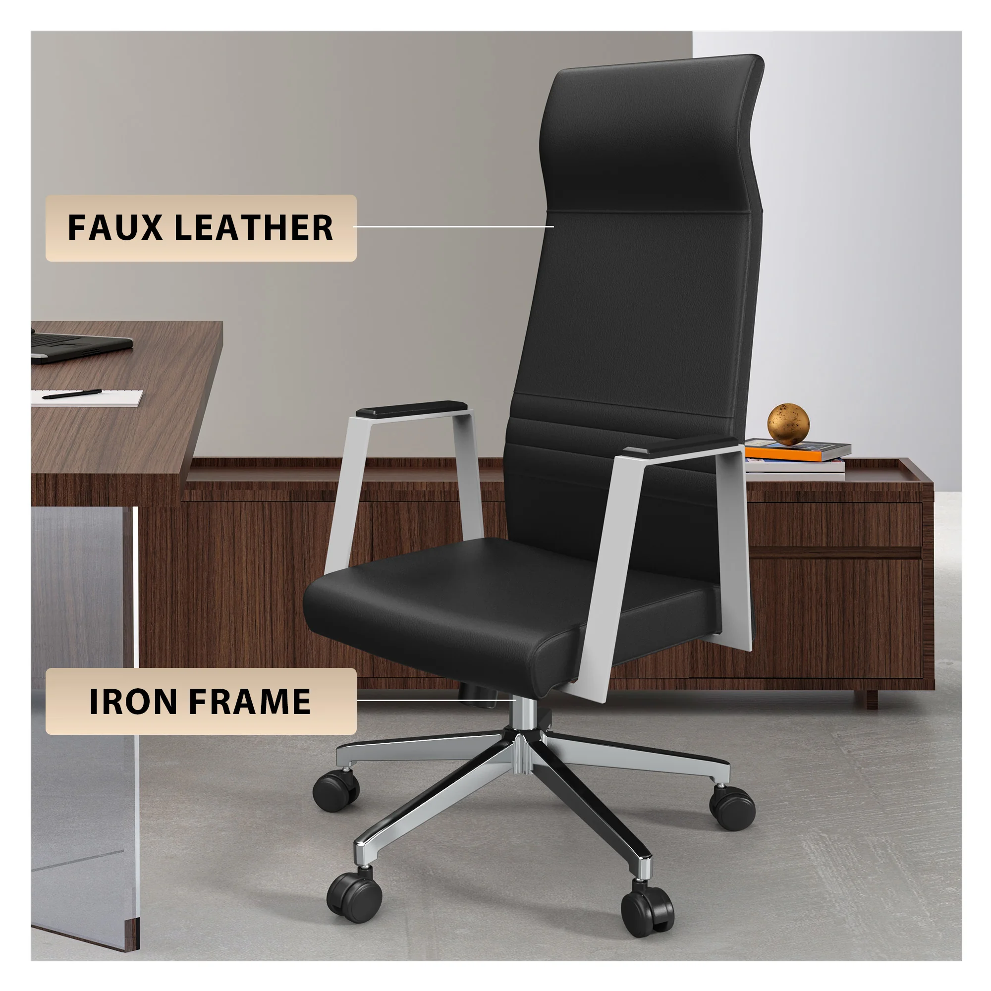 Aleen High-Back Office Chair in Upholstered Leather and Iron Frame with Swivel and Tilt in Black