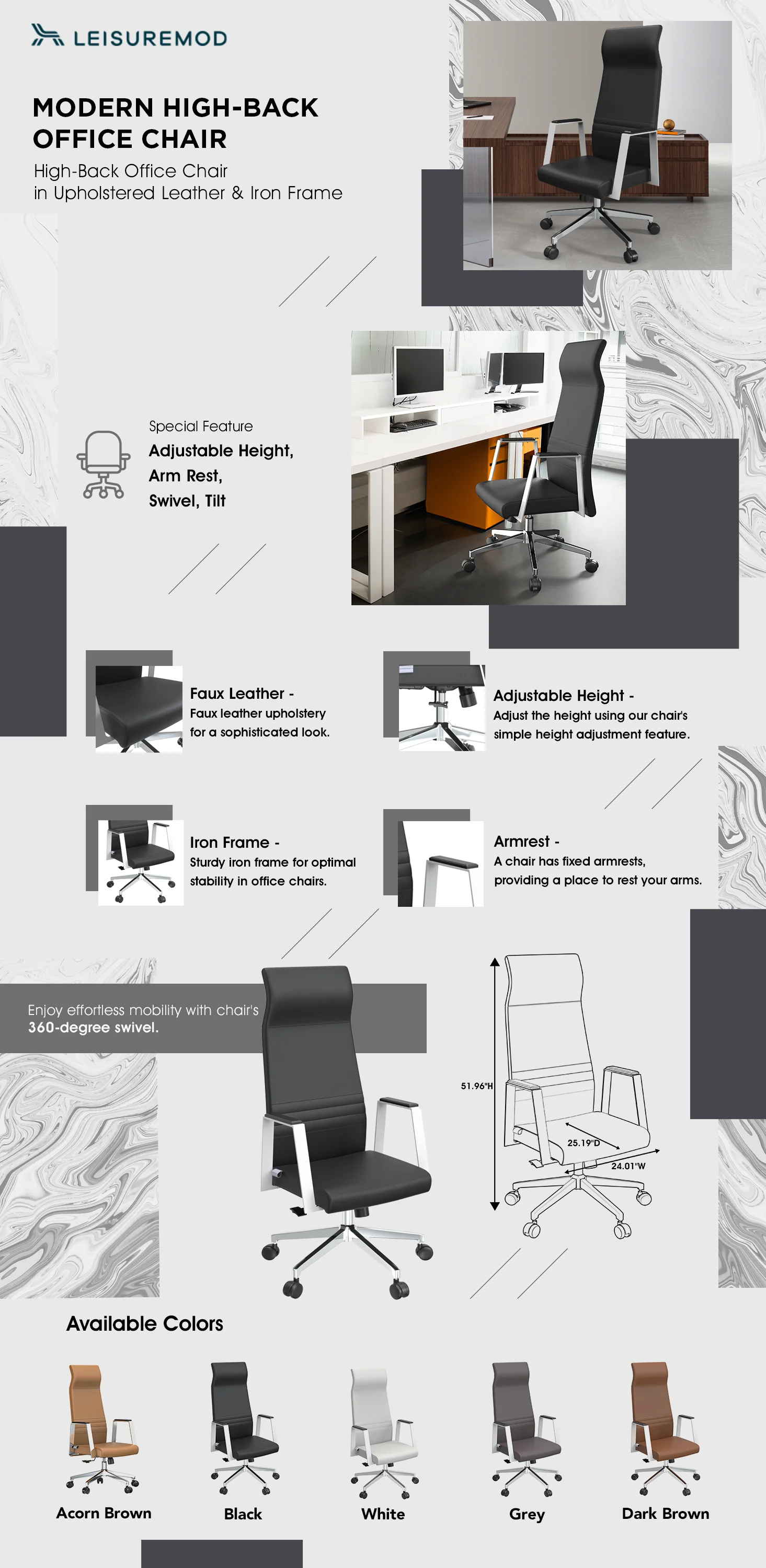 Aleen High-Back Office Chair in Upholstered Leather and Iron Frame with Swivel and Tilt in Black