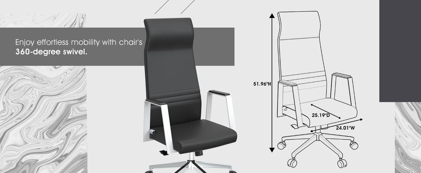 Aleen High-Back Office Chair in Upholstered Leather and Iron Frame with Swivel and Tilt in Black