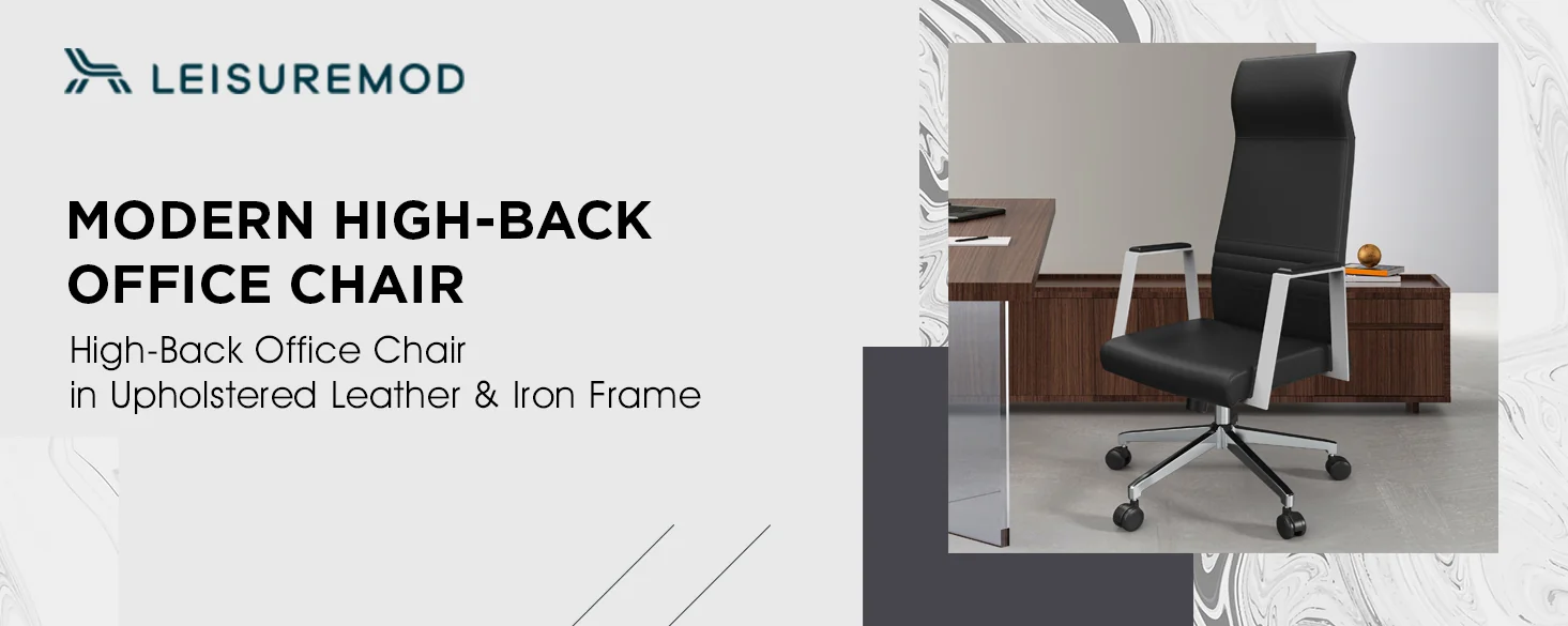 Aleen High-Back Office Chair in Upholstered Leather and Iron Frame with Swivel and Tilt in Black