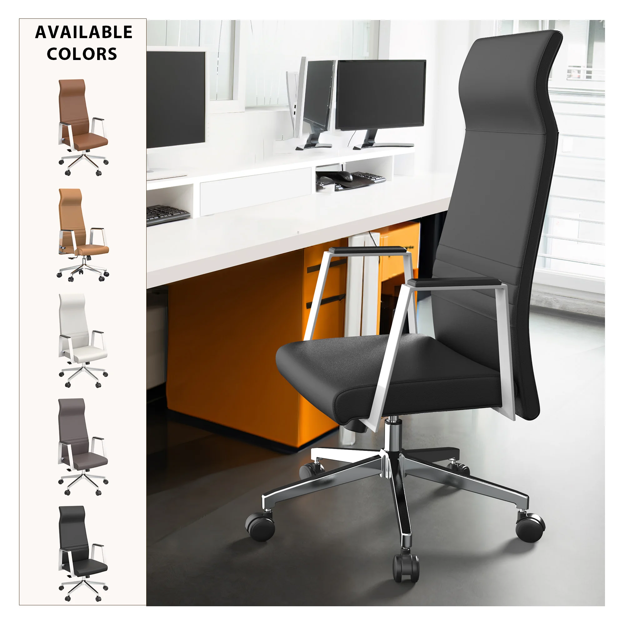 Aleen High-Back Office Chair in Upholstered Leather and Iron Frame with Swivel and Tilt in Black