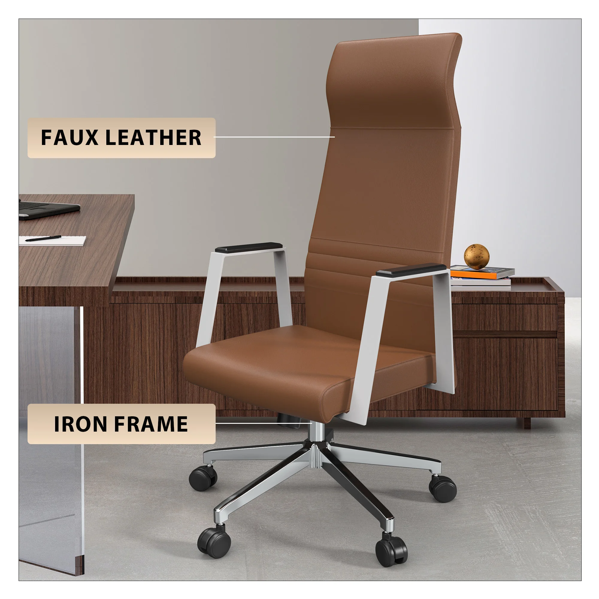 Aleen High-Back Office Chair in Upholstered Leather and Iron Frame with Swivel and Tilt in Dark Brown