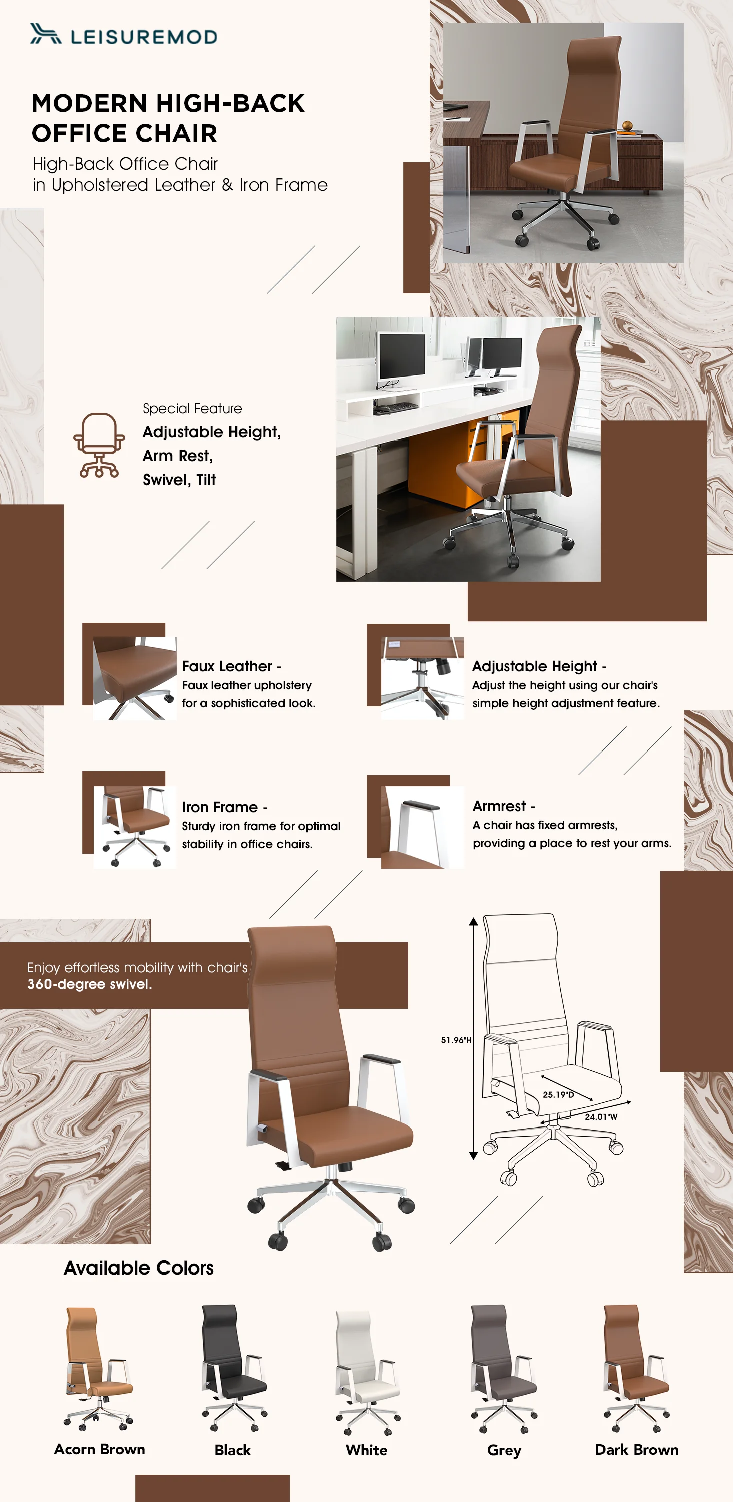 Aleen High-Back Office Chair in Upholstered Leather and Iron Frame with Swivel and Tilt in Dark Brown