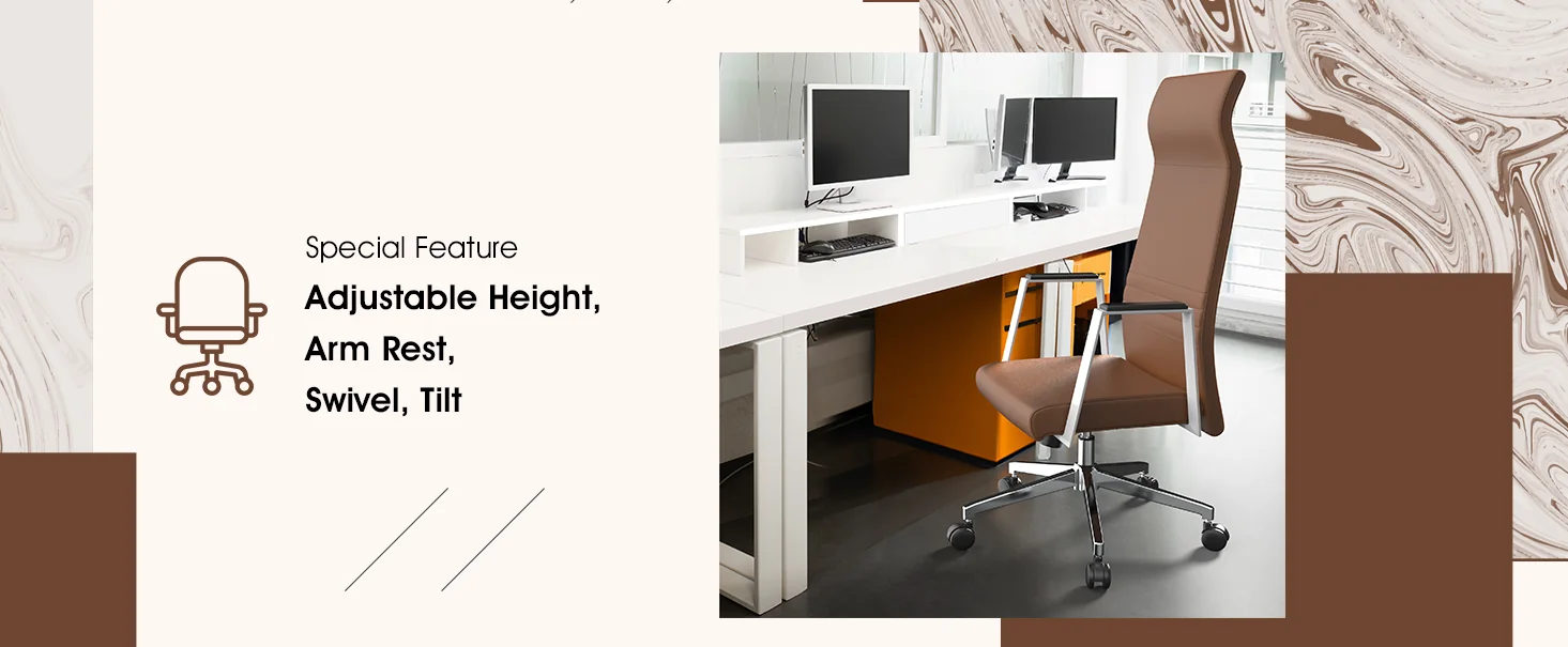 Aleen High-Back Office Chair in Upholstered Leather and Iron Frame with Swivel and Tilt in Dark Brown