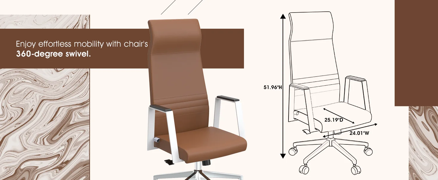 Aleen High-Back Office Chair in Upholstered Leather and Iron Frame with Swivel and Tilt in Dark Brown