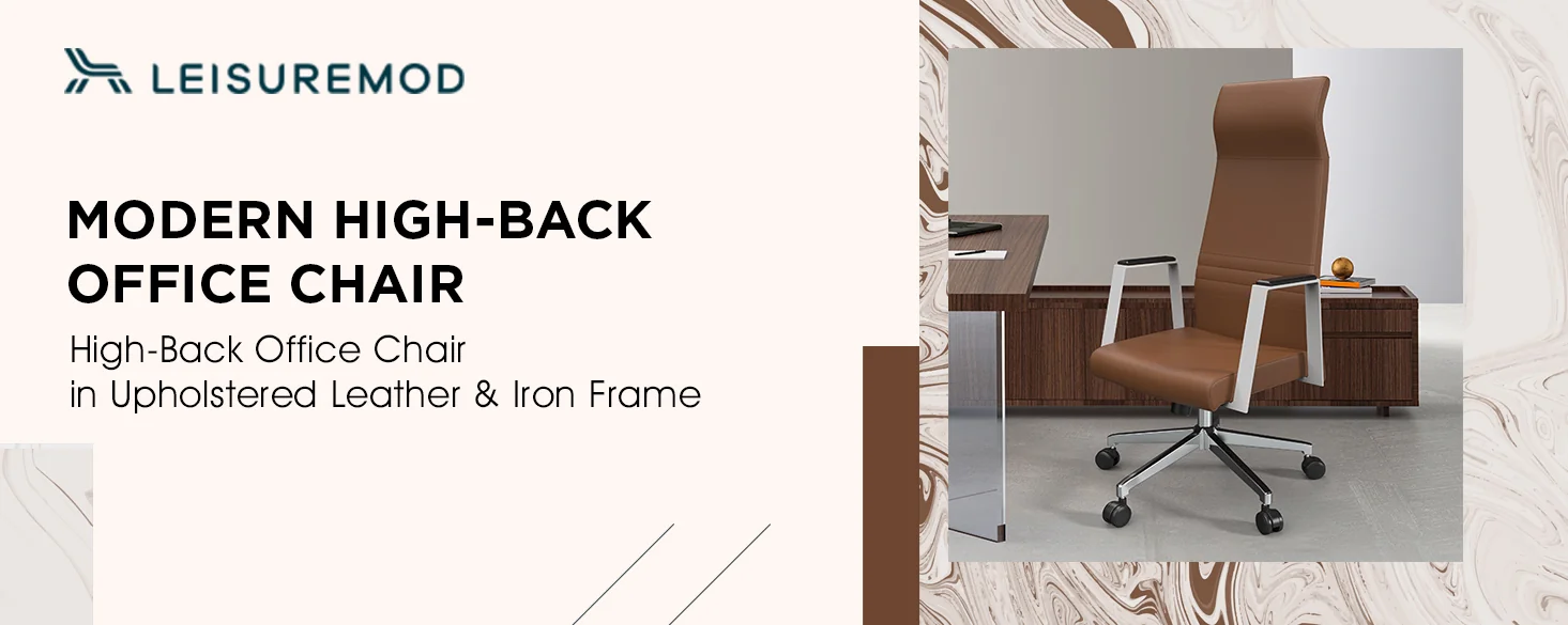 Aleen High-Back Office Chair in Upholstered Leather and Iron Frame with Swivel and Tilt in Dark Brown