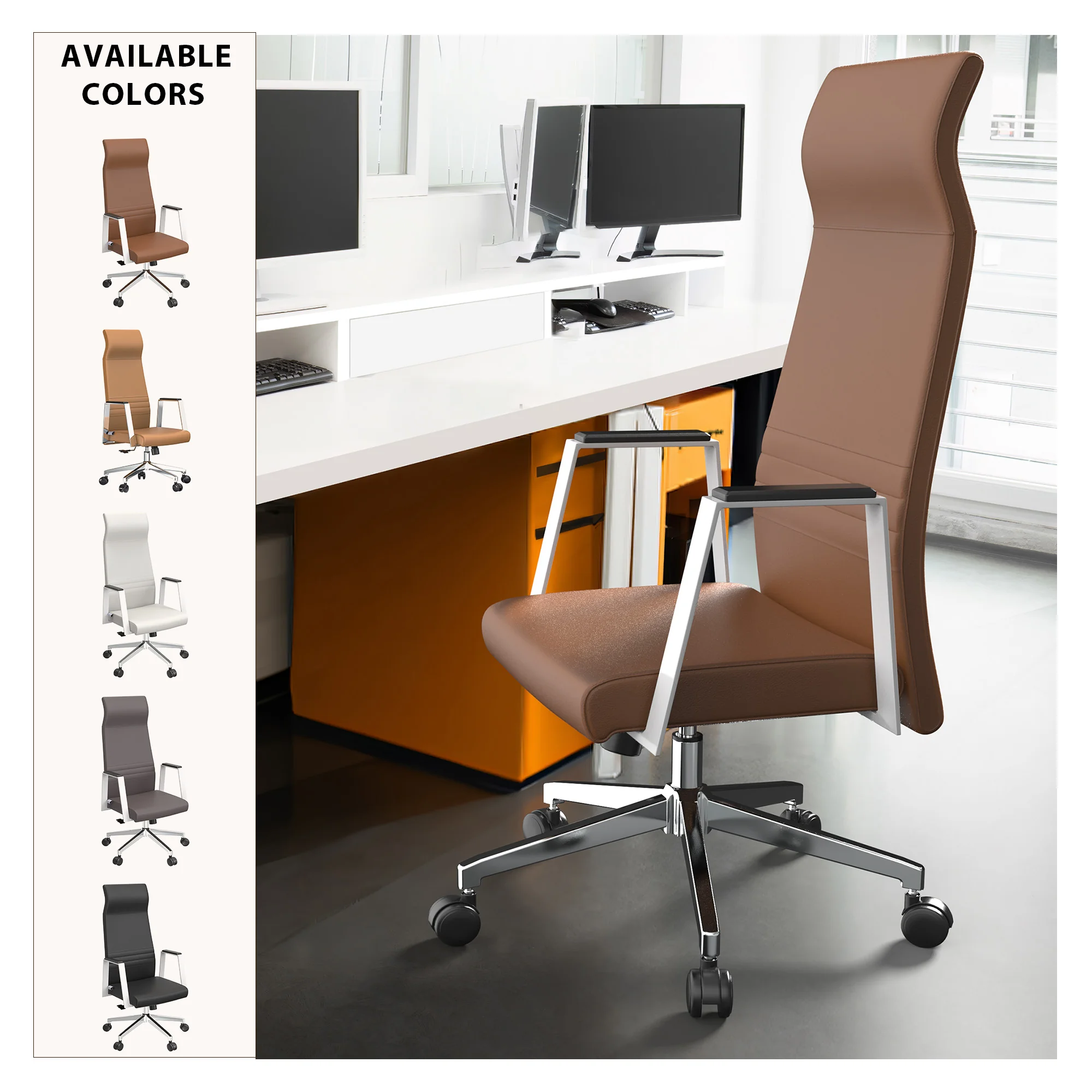 Aleen High-Back Office Chair in Upholstered Leather and Iron Frame with Swivel and Tilt in Dark Brown