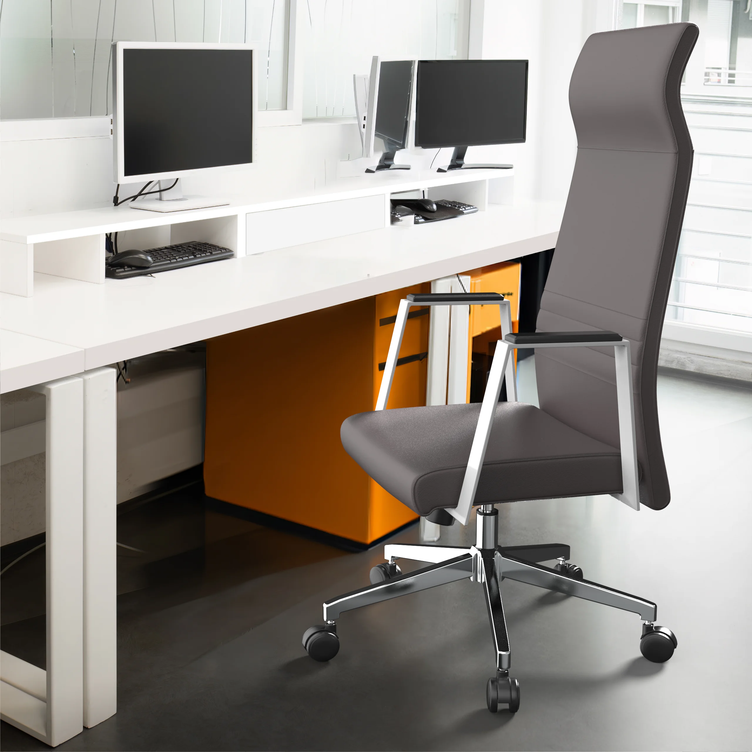 Aleen High-Back Office Chair in Upholstered Leather and Iron Frame with Swivel and Tilt in Grey