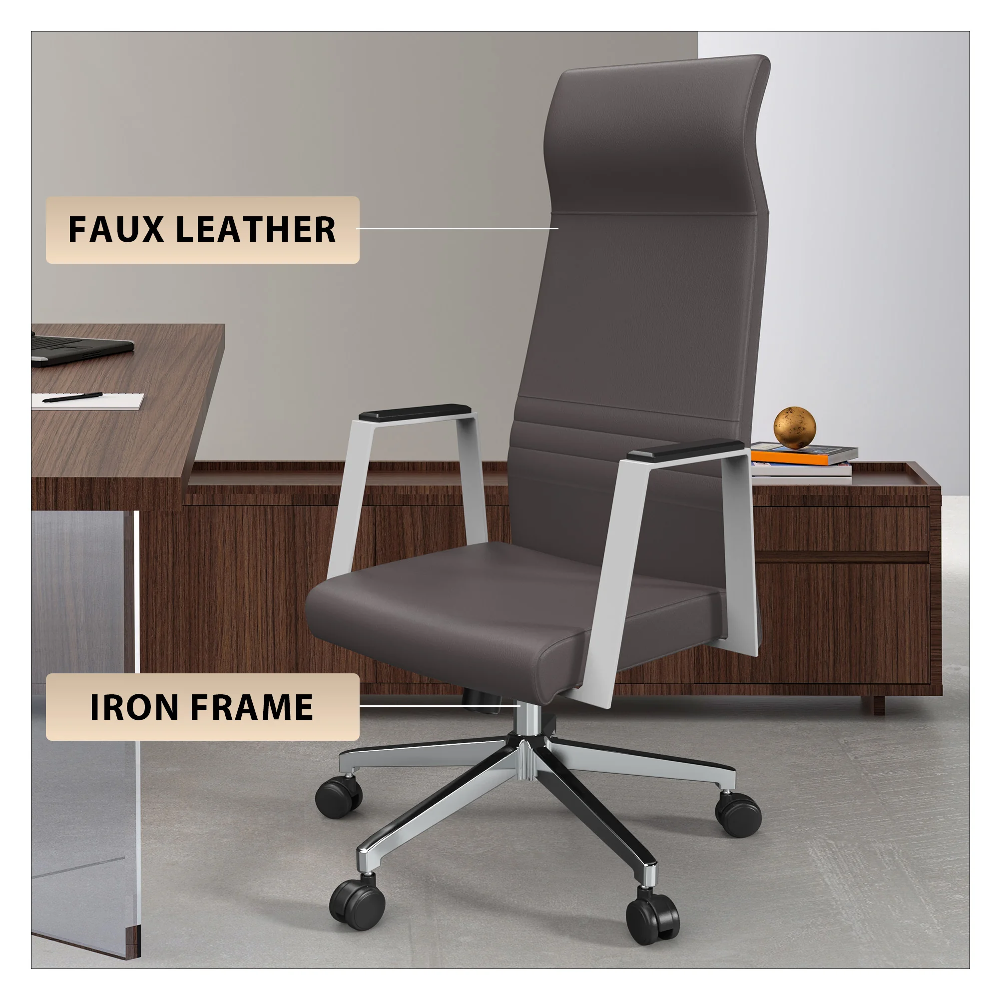 Aleen High-Back Office Chair in Upholstered Leather and Iron Frame with Swivel and Tilt in Grey