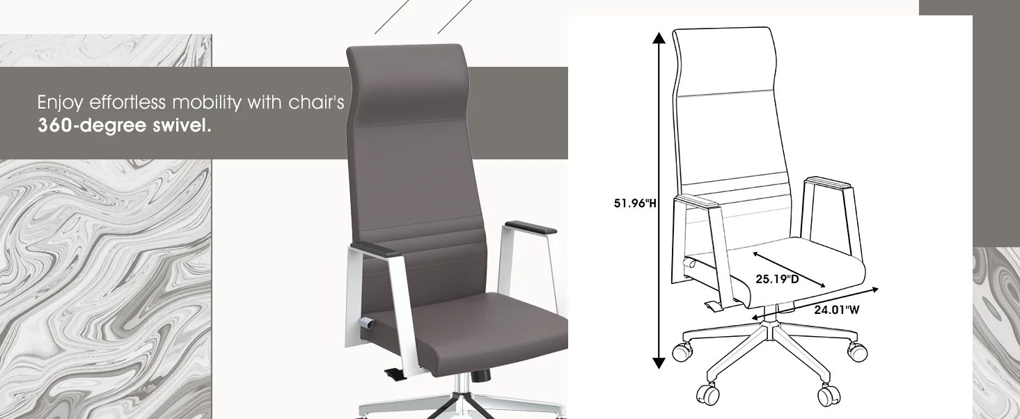 Aleen High-Back Office Chair in Upholstered Leather and Iron Frame with Swivel and Tilt in Grey