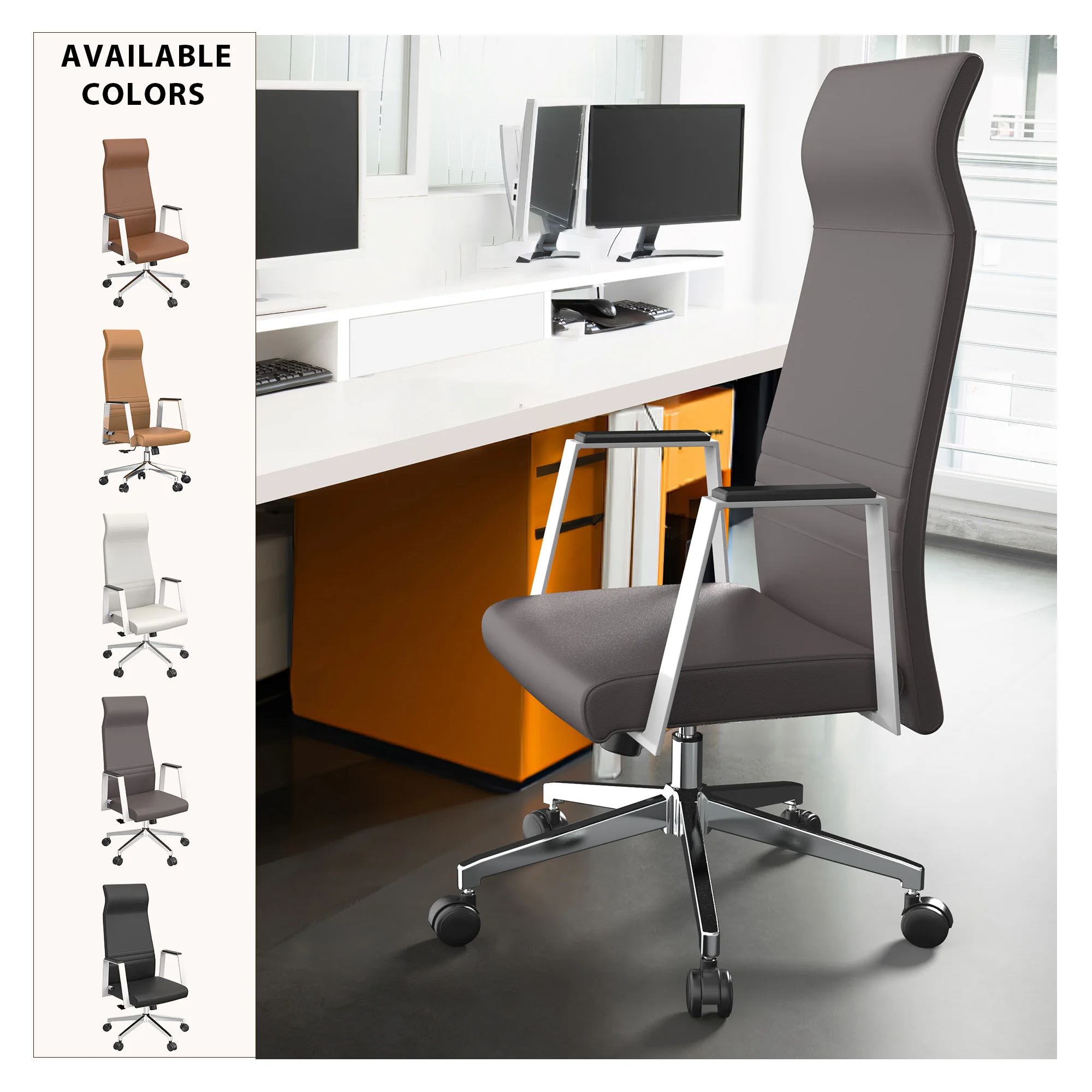 Aleen High-Back Office Chair in Upholstered Leather and Iron Frame with Swivel and Tilt in Grey