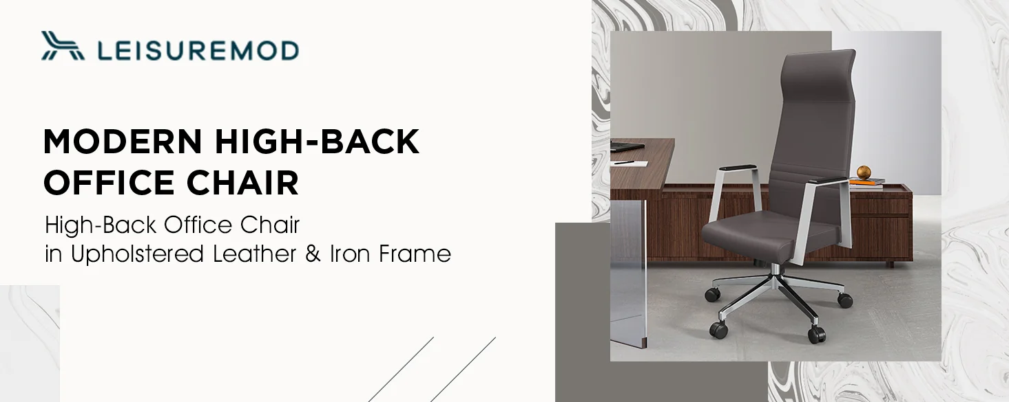 Aleen High-Back Office Chair in Upholstered Leather and Iron Frame with Swivel and Tilt in Grey