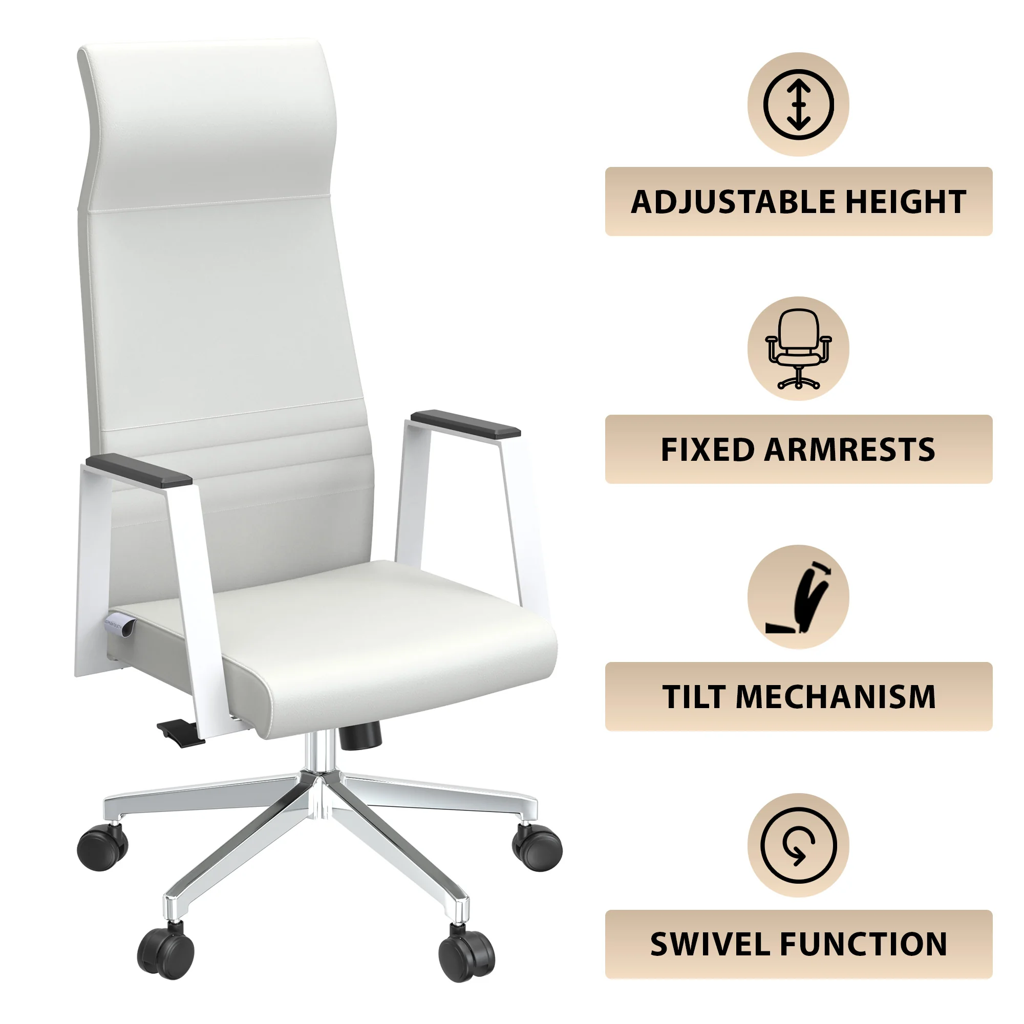 Aleen High-Back Office Chair in Upholstered Leather and Iron Frame with Swivel and Tilt in White