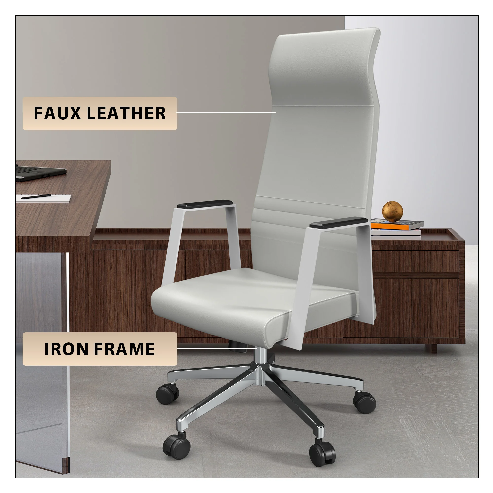 Aleen High-Back Office Chair in Upholstered Leather and Iron Frame with Swivel and Tilt in White