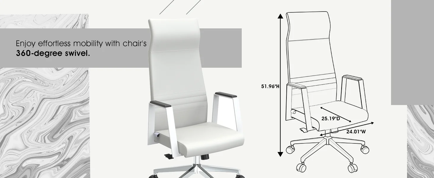 Aleen High-Back Office Chair in Upholstered Leather and Iron Frame with Swivel and Tilt in White