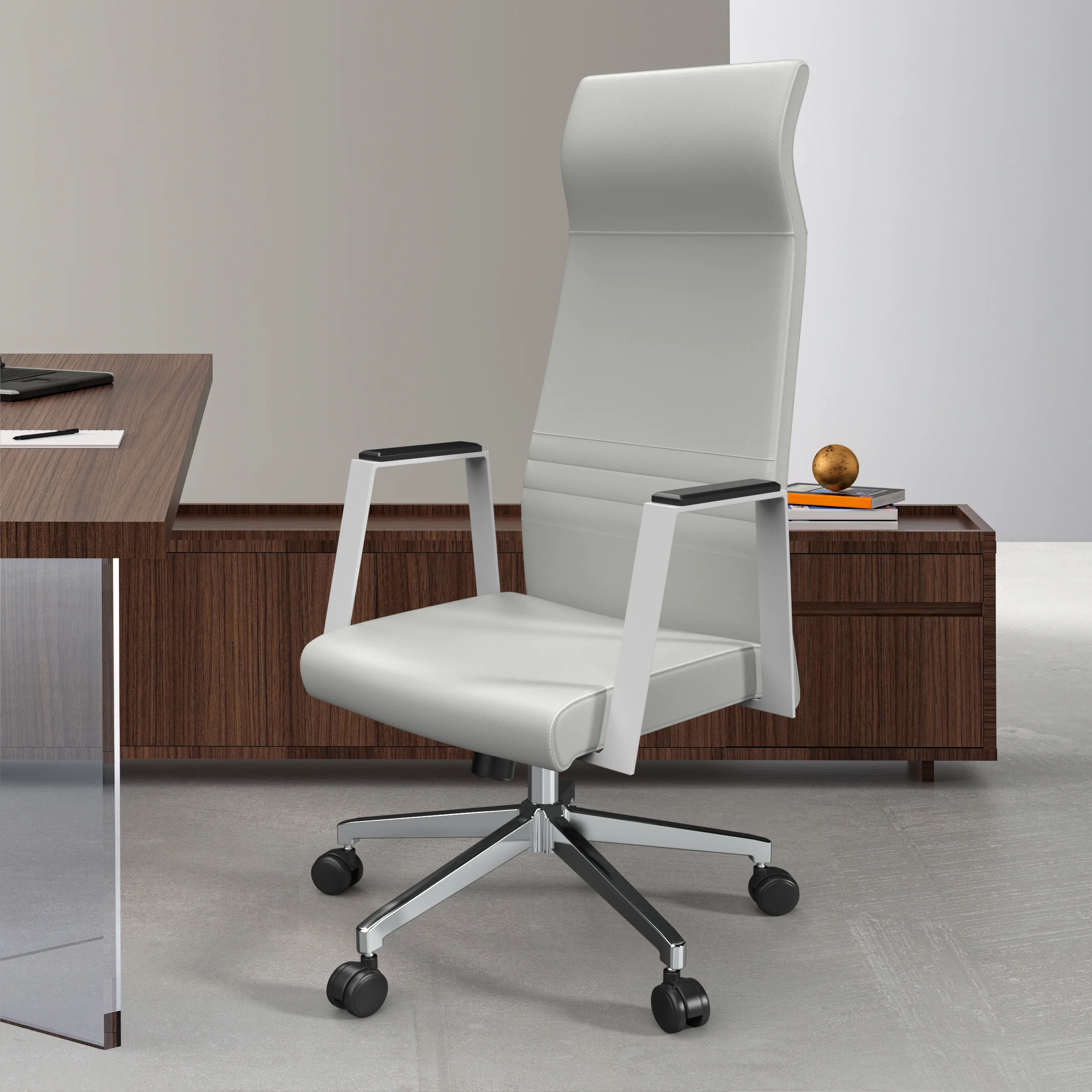 Aleen High-Back Office Chair in Upholstered Leather and Iron Frame with Swivel and Tilt in White
