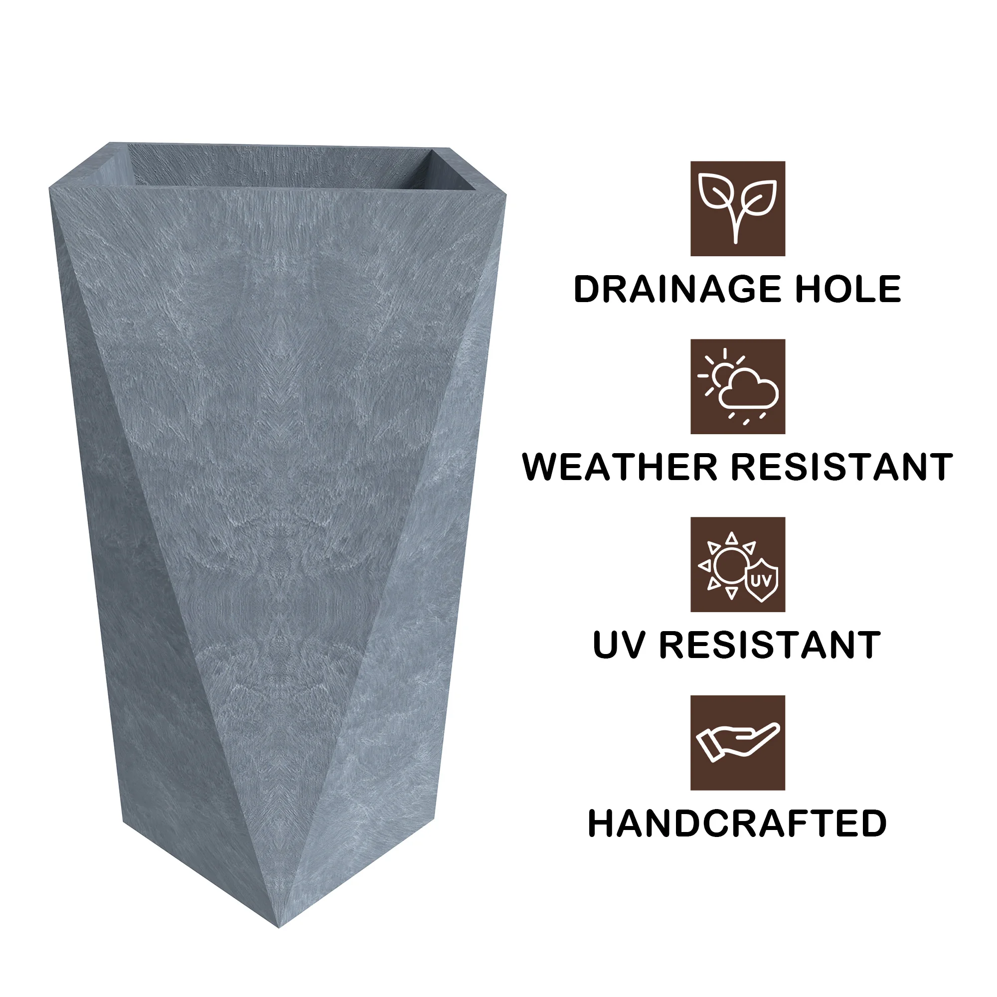 Aloe Series PolyStone Planter in Grey, 17 x 17, 34.6 High