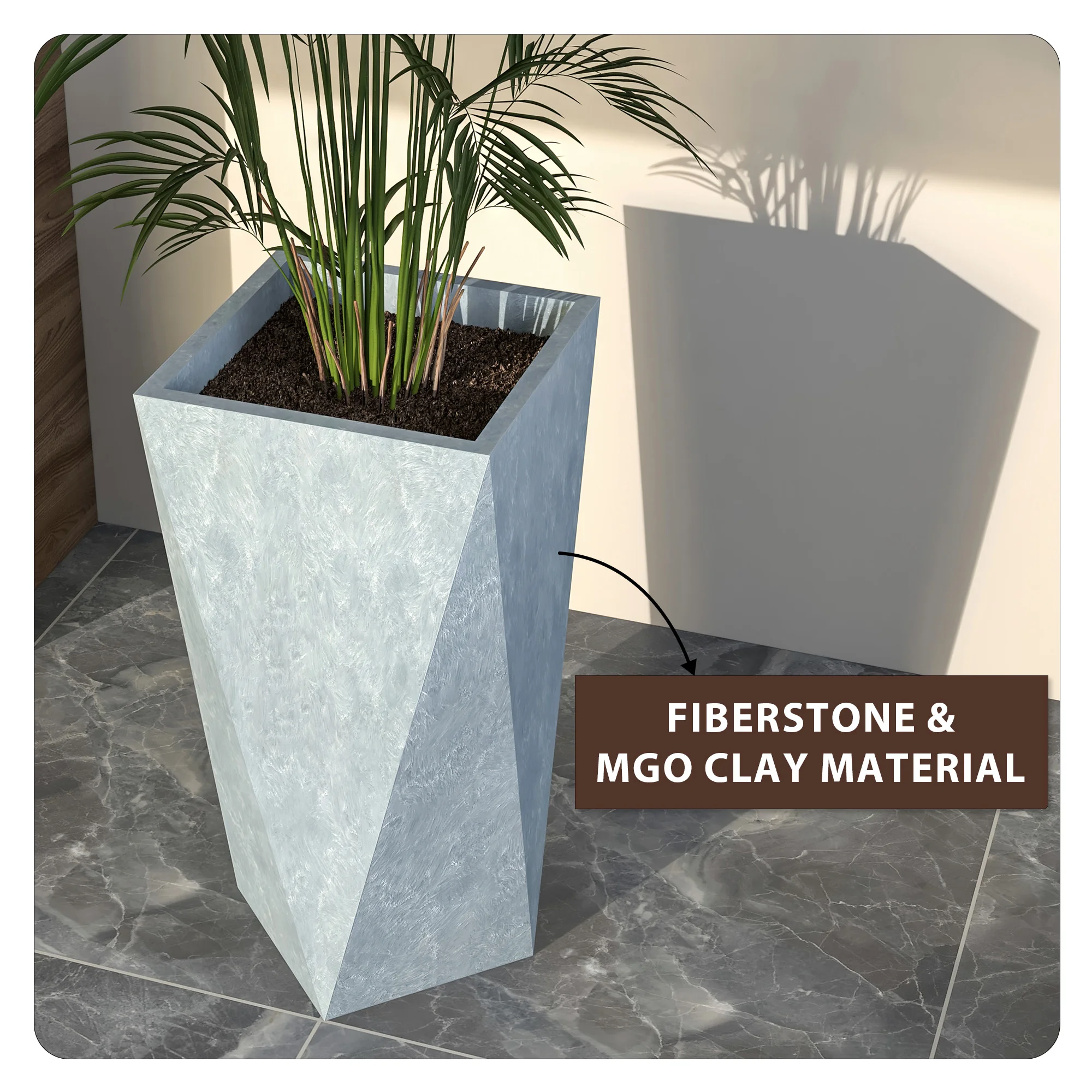 Aloe Series PolyStone Planter in Grey, 17 x 17, 34.6 High