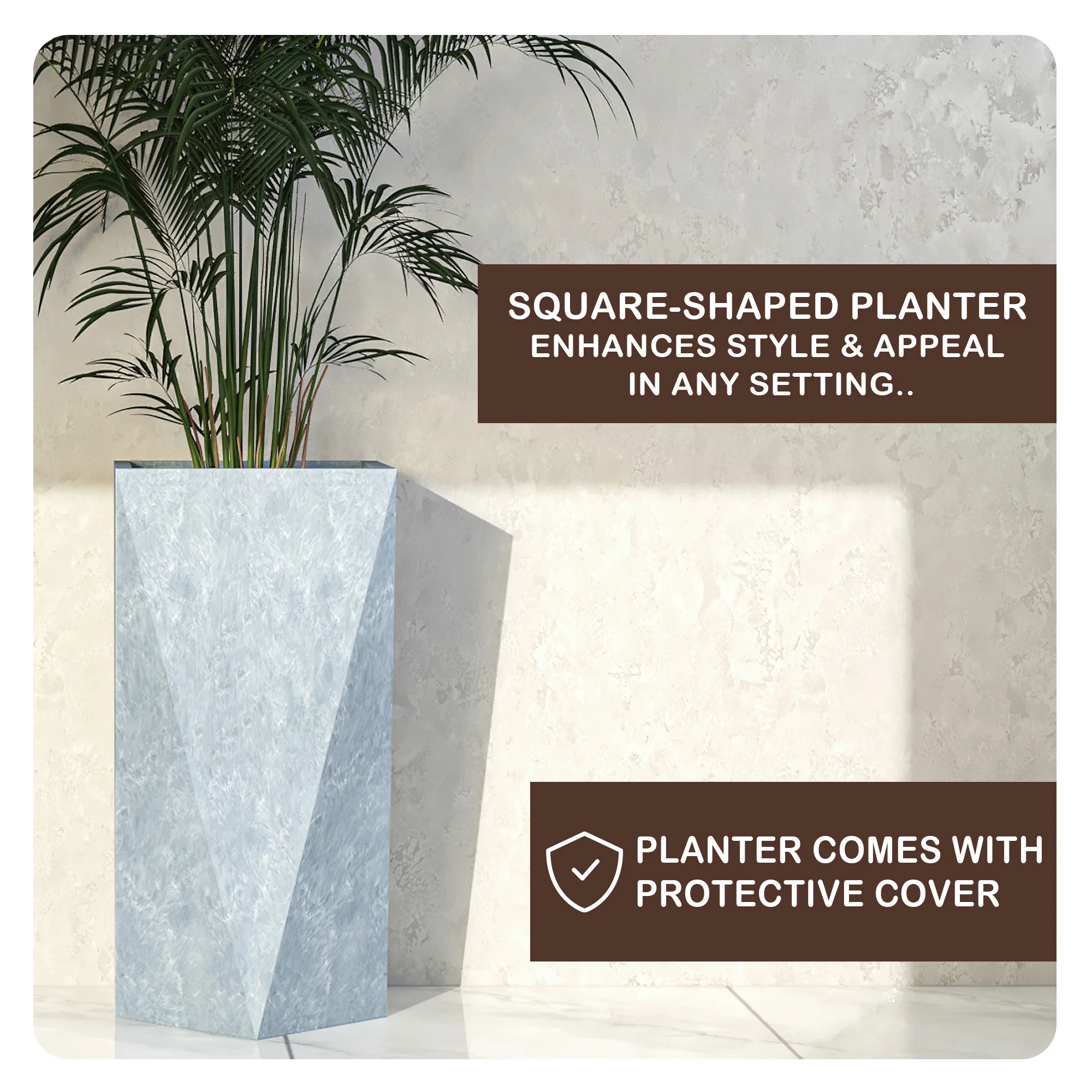 Aloe Series PolyStone Planter in Grey, 17 x 17, 34.6 High