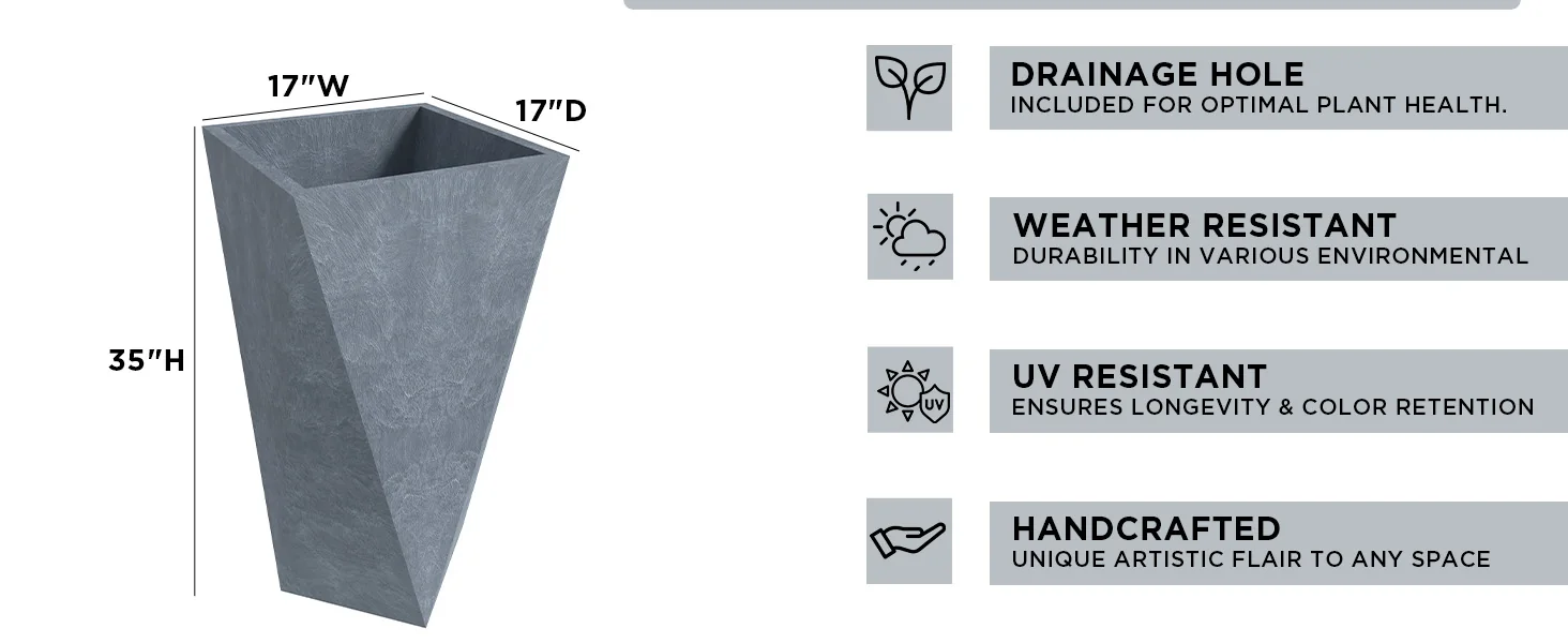 Aloe Series PolyStone Planter in Grey, 17 x 17, 34.6 High