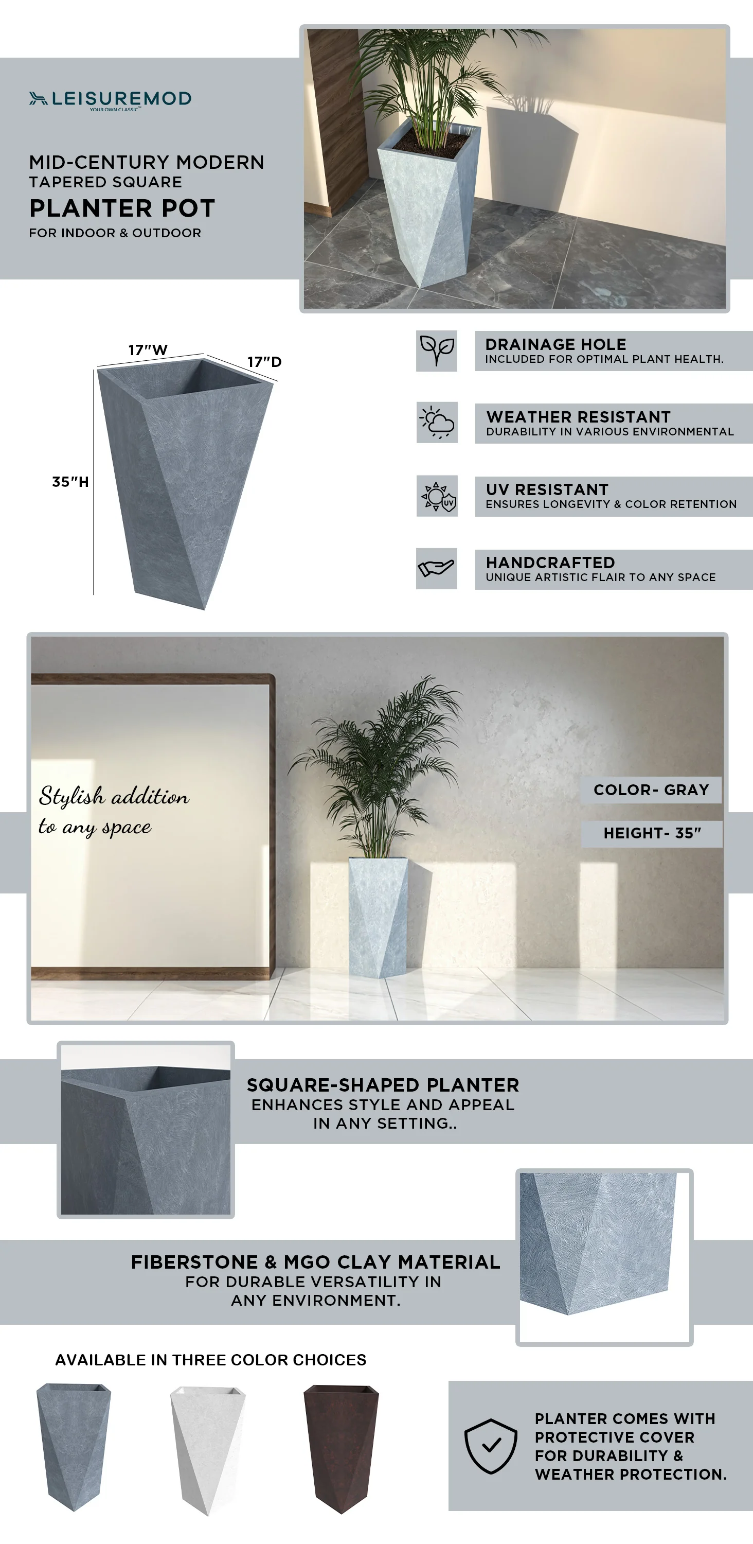 Aloe Series PolyStone Planter in Grey, 17 x 17, 34.6 High