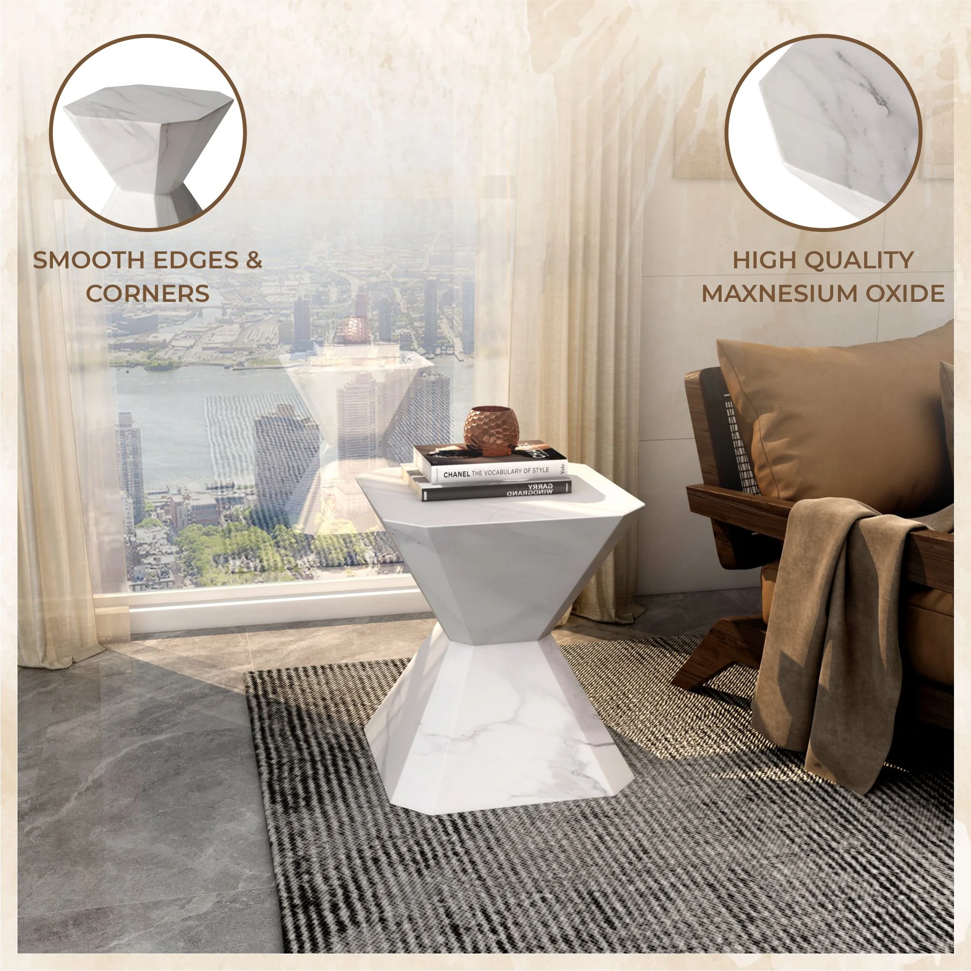 Azure Collection Fiberglass Outdoor Side Table in Marble White