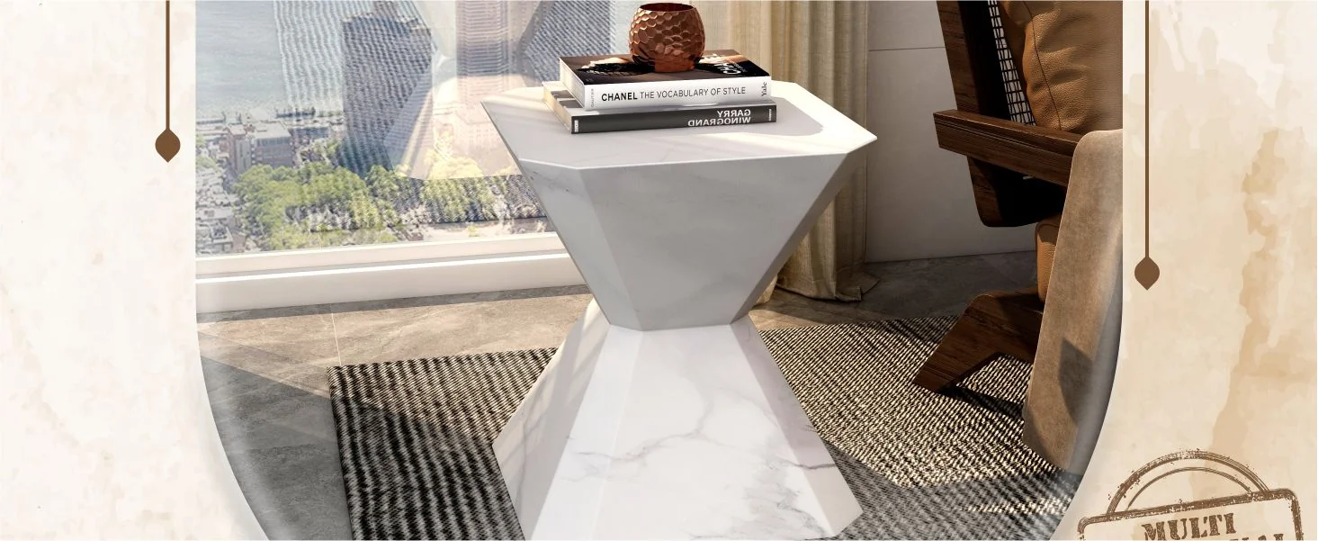 Azure Collection Fiberglass Outdoor Side Table in Marble White