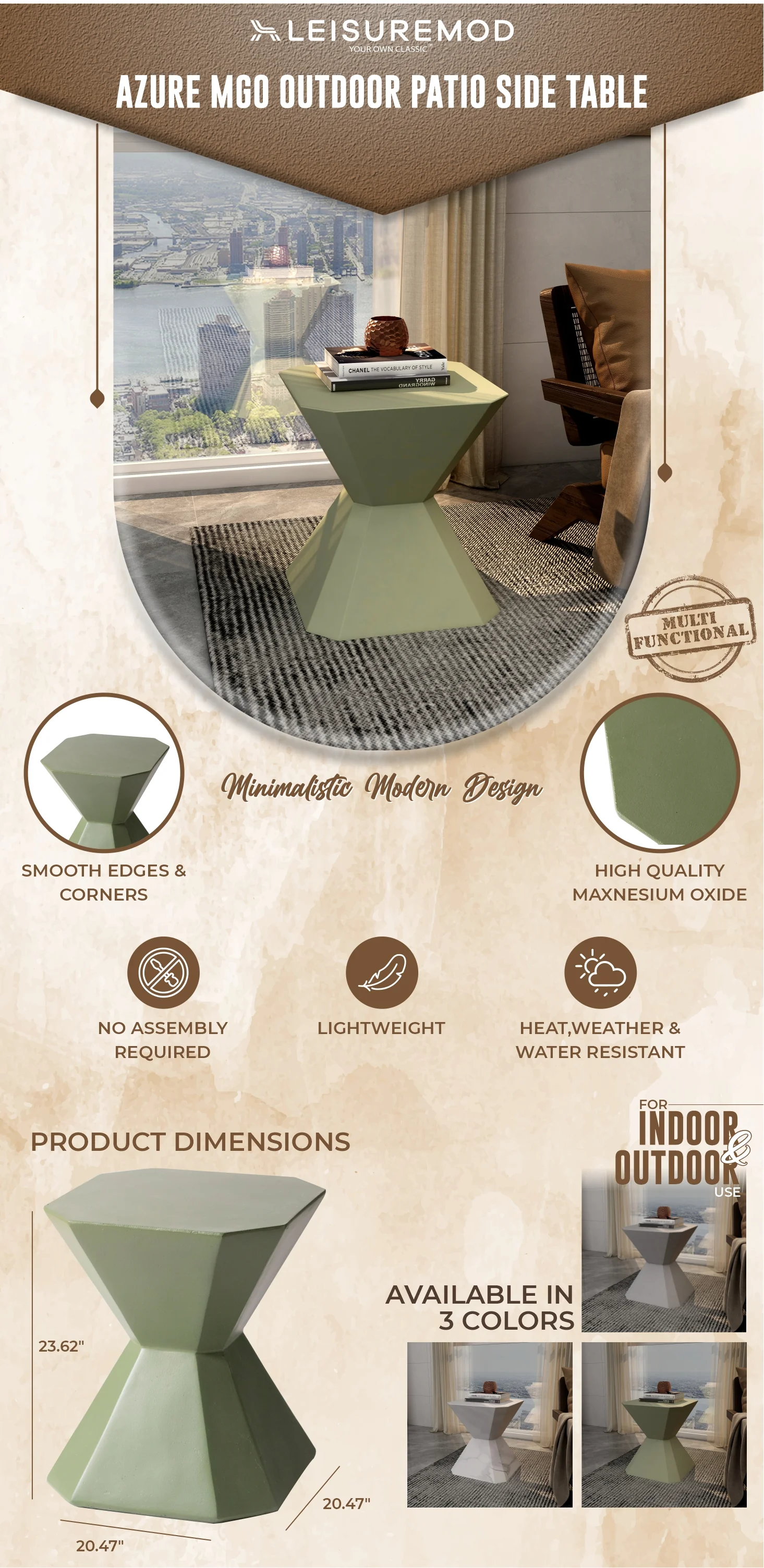 Azure Collection Fiberglass Outdoor Side Table in Olive Green