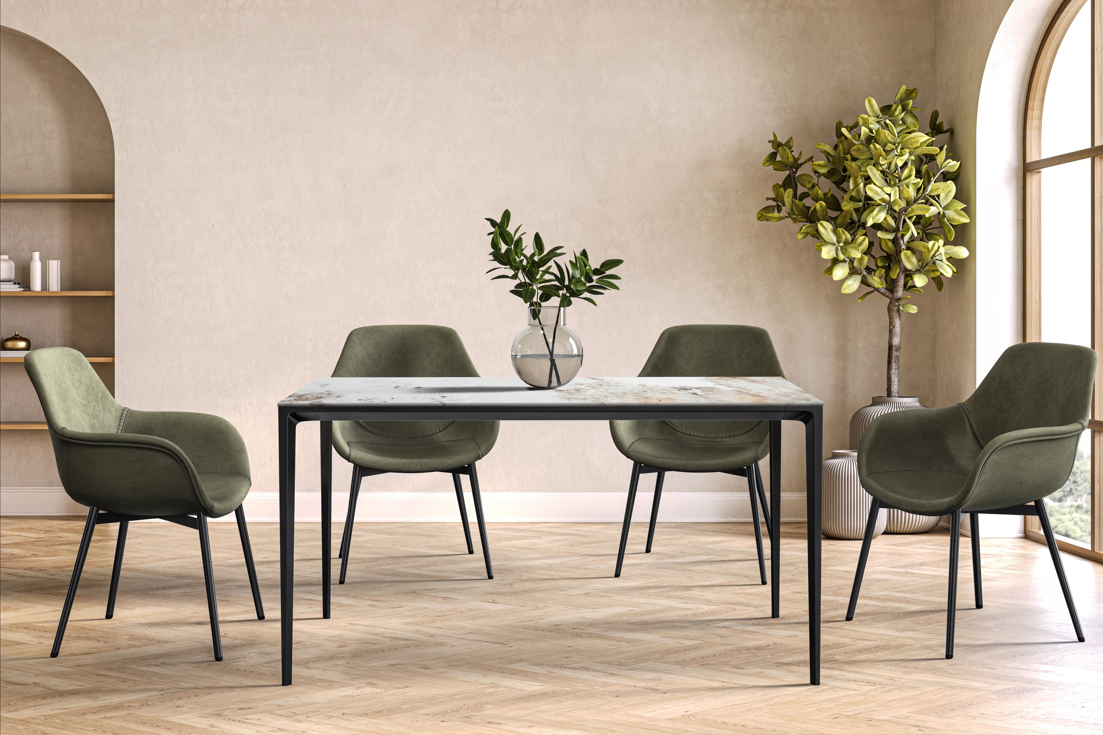 Avo Series Modern Dining Table Black Base, With 62 White Grey Sintered Stone Top