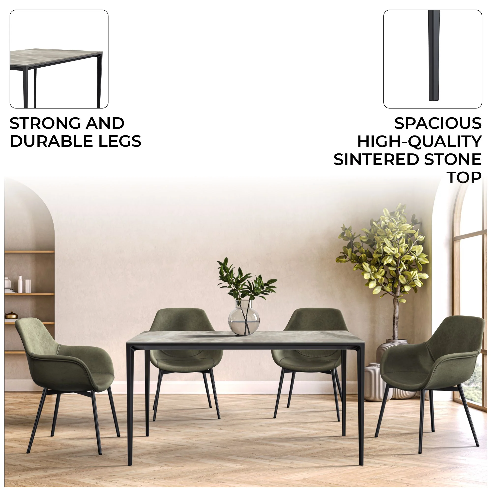 Avo Series Modern Dining Table Black Base, With 62 Deep Grey Sintered Stone Top