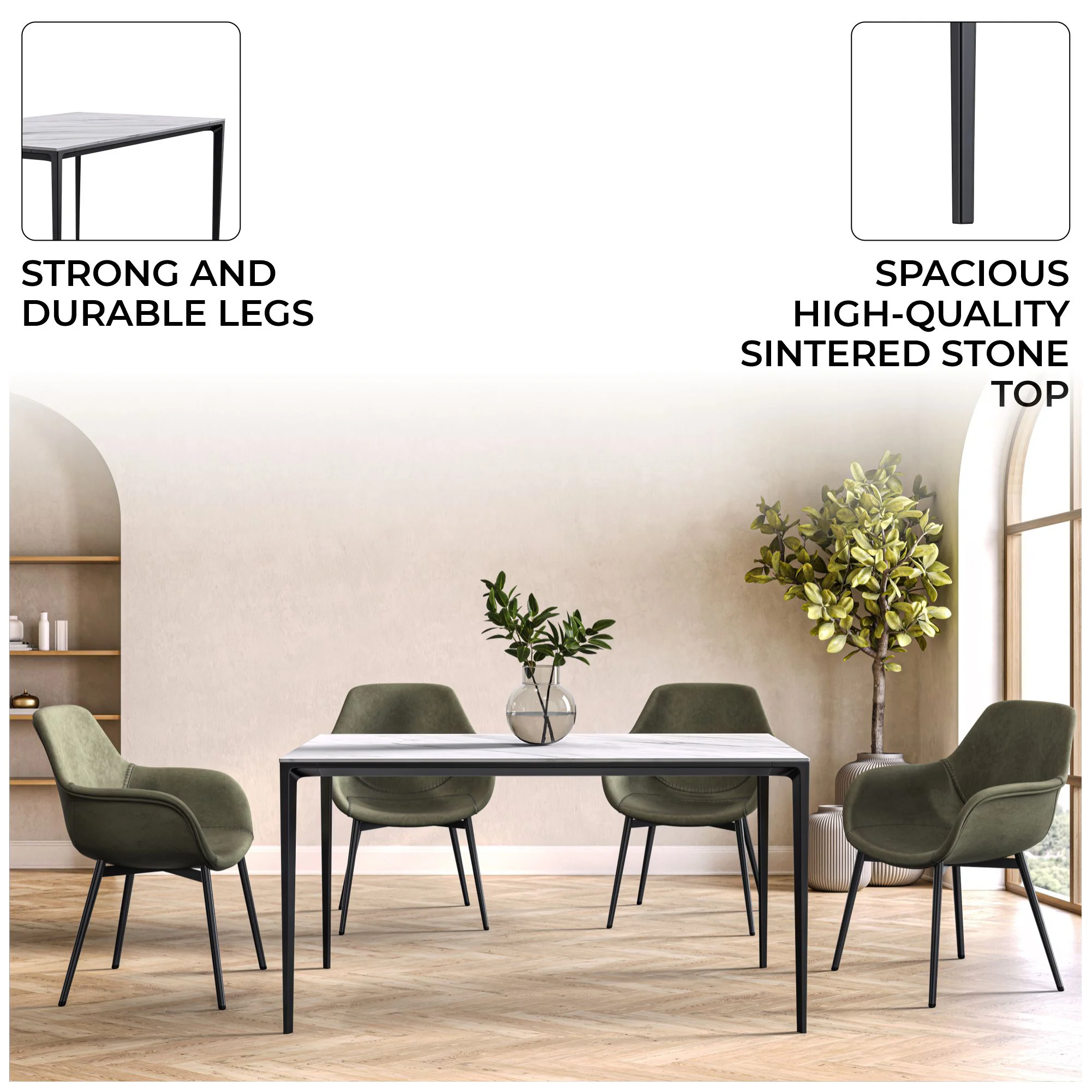 Avo Series Modern Dining Table Black Base, With 62 White Sintered Stone Top