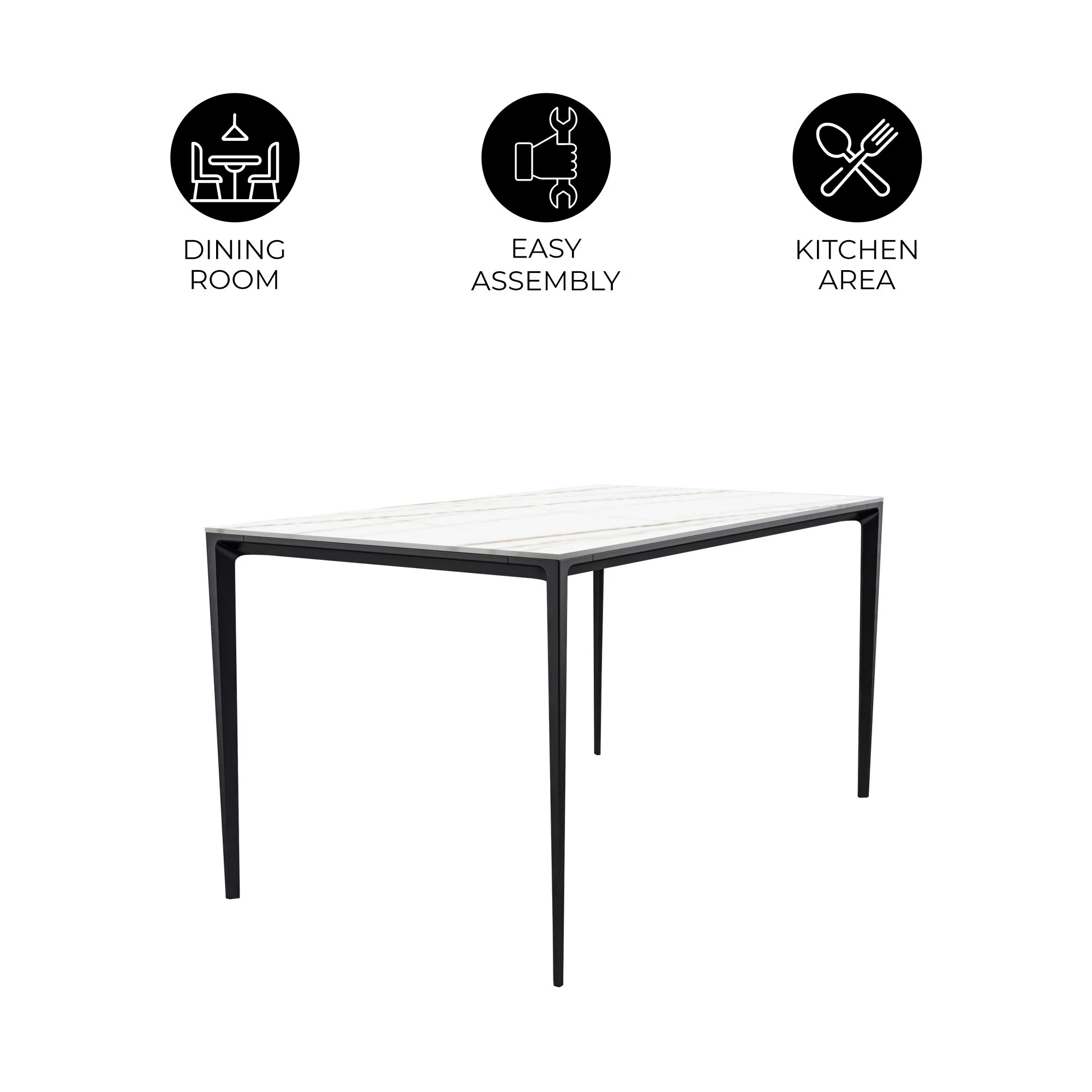 Avo Series Modern Dining Table Black Base, With 62 White/Gold Sintered Stone Top