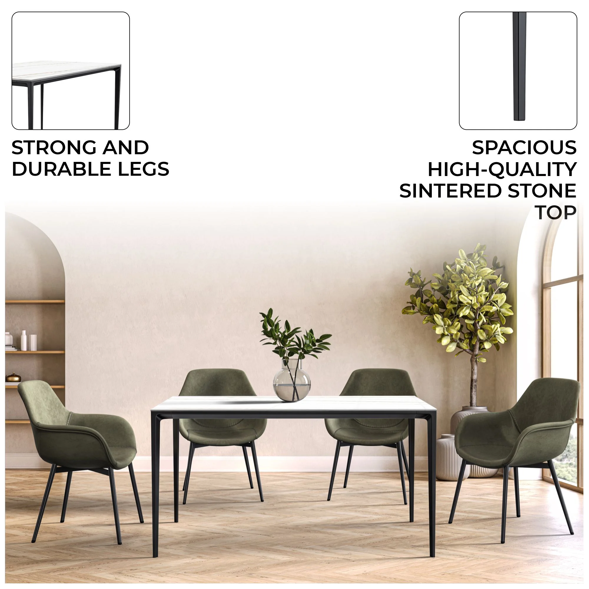 Avo Series Modern Dining Table Black Base, With 62 White/Gold Sintered Stone Top