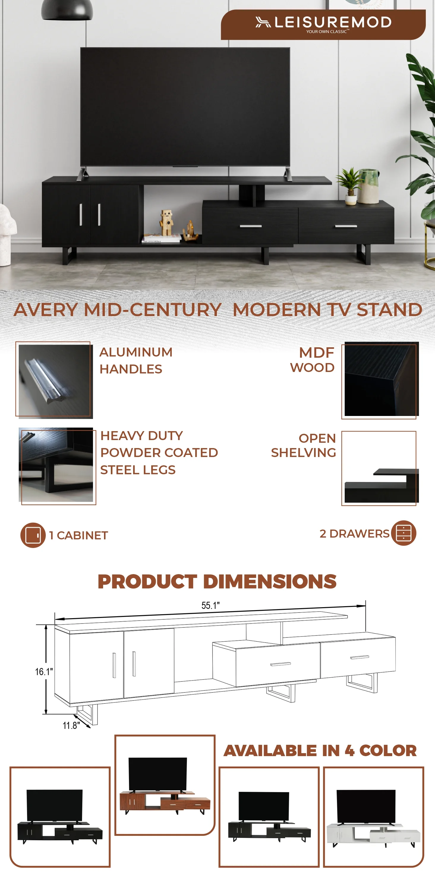 Avery Mid-Century Modern TV Stand with MDF Cabinet and Powder Coated Steel Legs