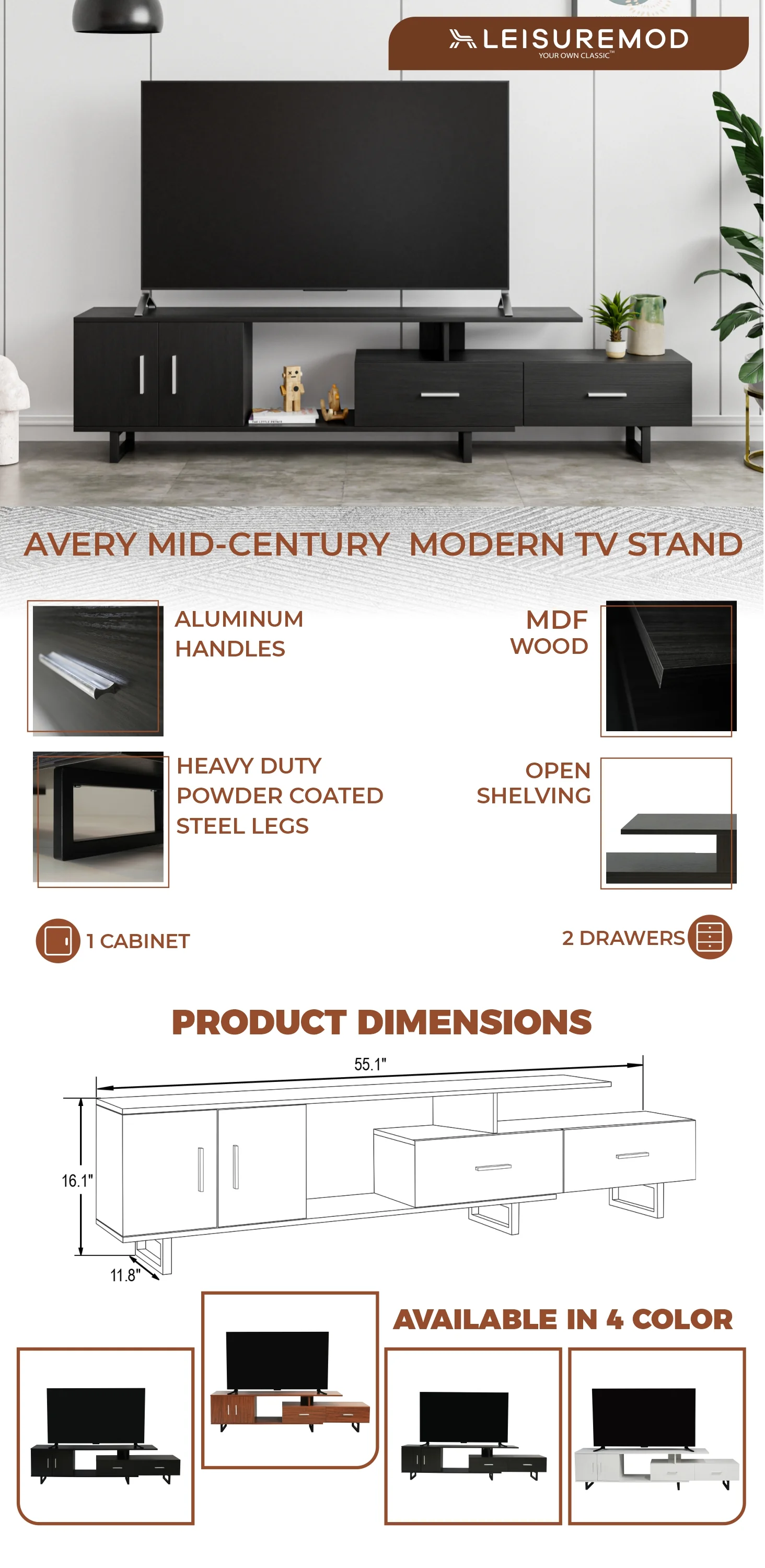 Avery Mid-Century Modern TV Stand with MDF Cabinet and Powder Coated Steel Legs
