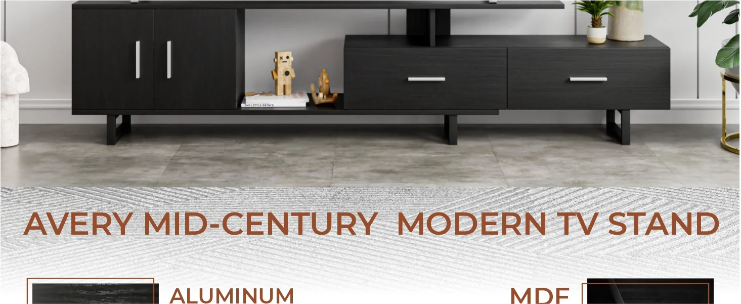 Avery Mid-Century Modern TV Stand with MDF Cabinet and Powder Coated Steel Legs