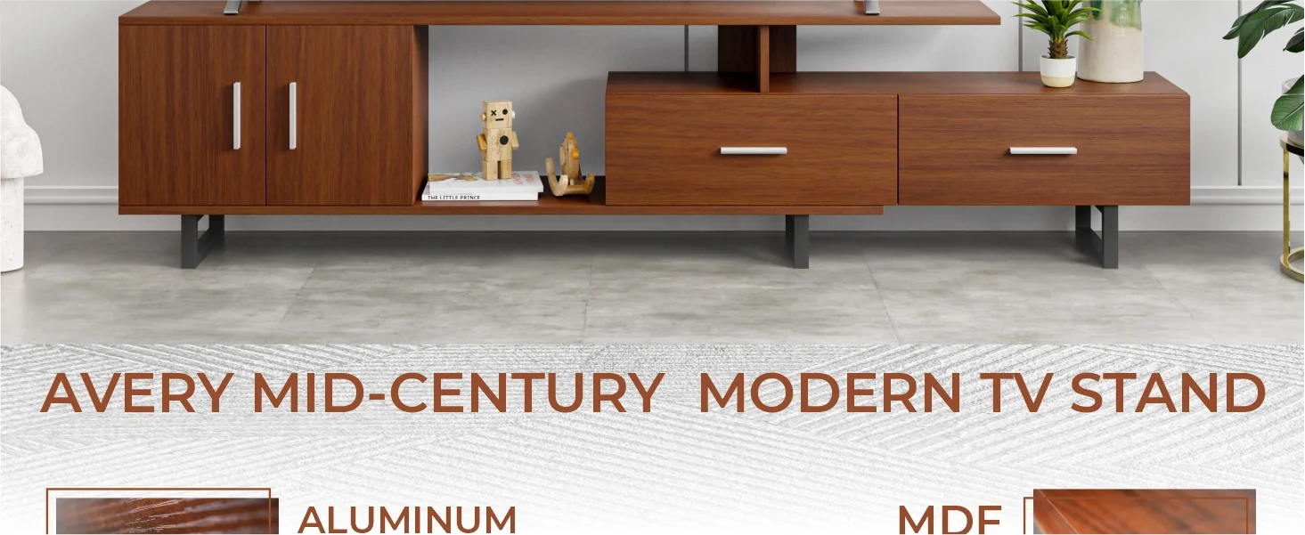 Avery Mid-Century Modern TV Stand with MDF Cabinet and Powder Coated Steel Legs