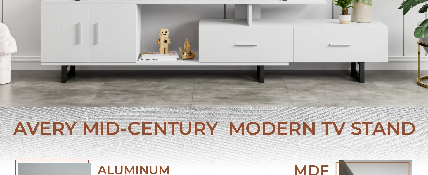 Avery Mid-Century Modern TV Stand with MDF Cabinet and Powder Coated Steel Legs