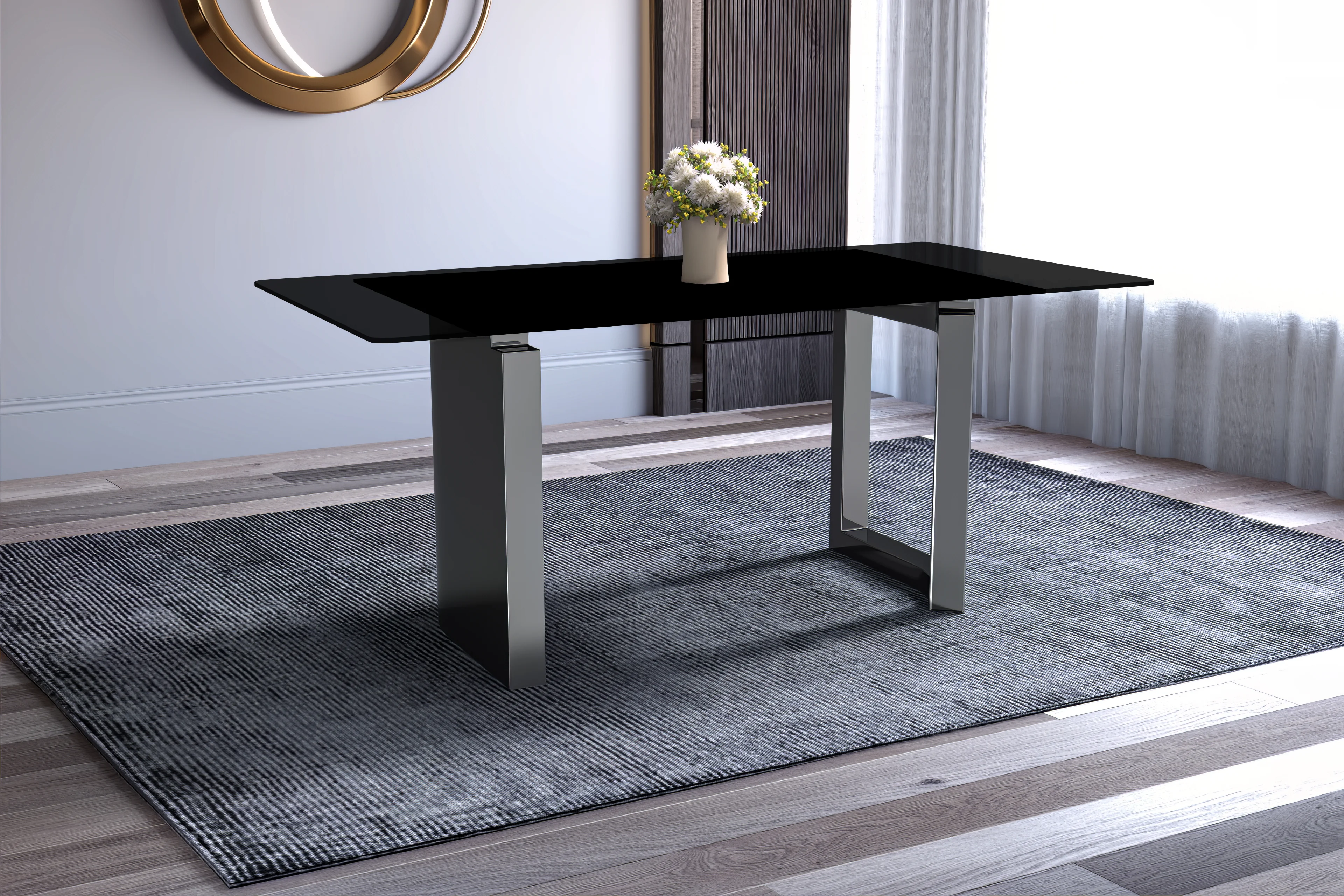 Astra Series Modern Dining Table Stainless Steel Base, With 55" Black Glass Top