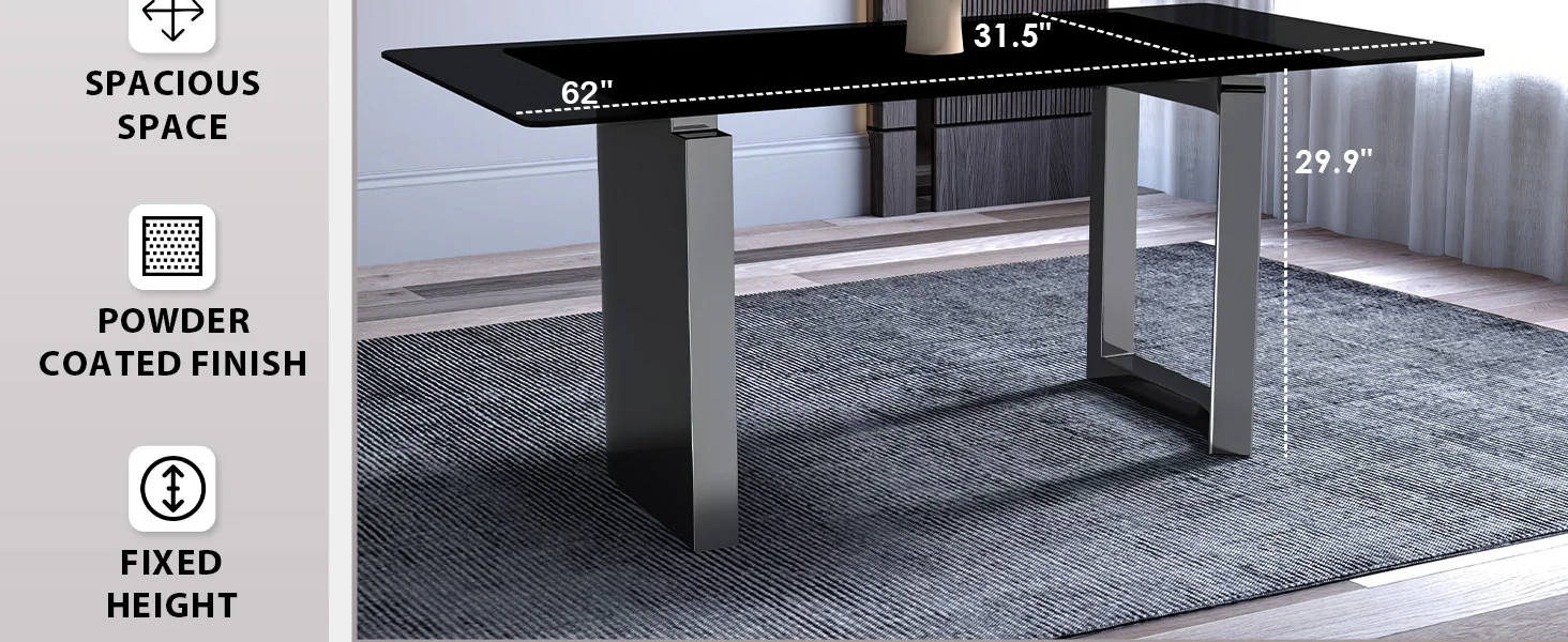 Astra Series Modern Dining Table Stainless Steel Base, With 55" Black Glass Top