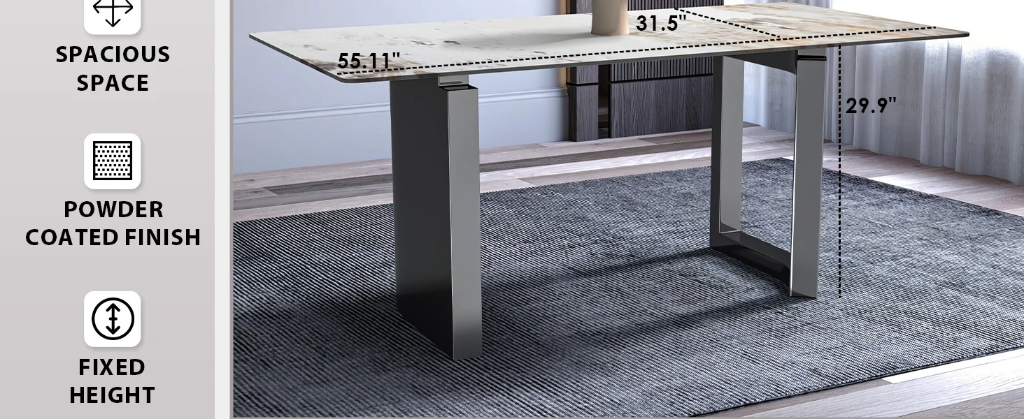Astra Series Modern Dining Table Stainless Steel Base, With 55" White Grey Sintered Stone Top