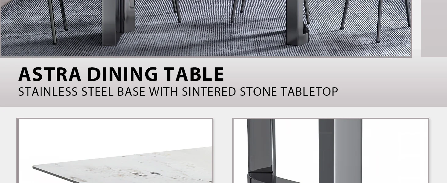 Astra Series Modern Dining Table Stainless Steel Base, With 55" White Grey Sintered Stone Top